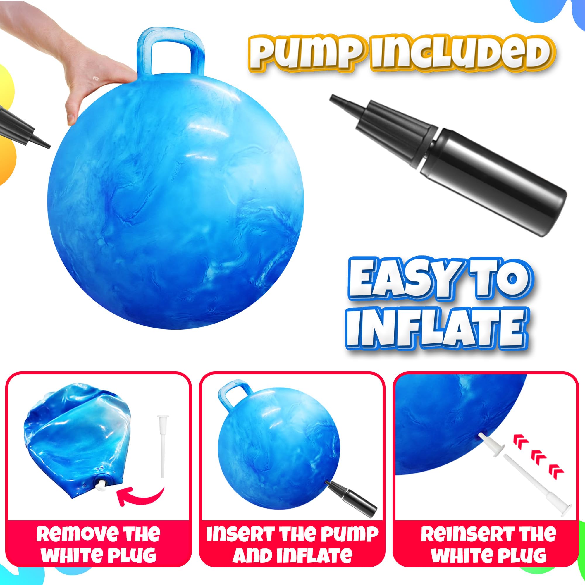 Bedwina Hopper Ball with Handle for Kids 18-inch (45cm) Bouncy Balls for Kids, Jumping Kangaroo Hippity Hop, Hopping Sit and Spin with Handle with Hand Pump, Marble Blue & White