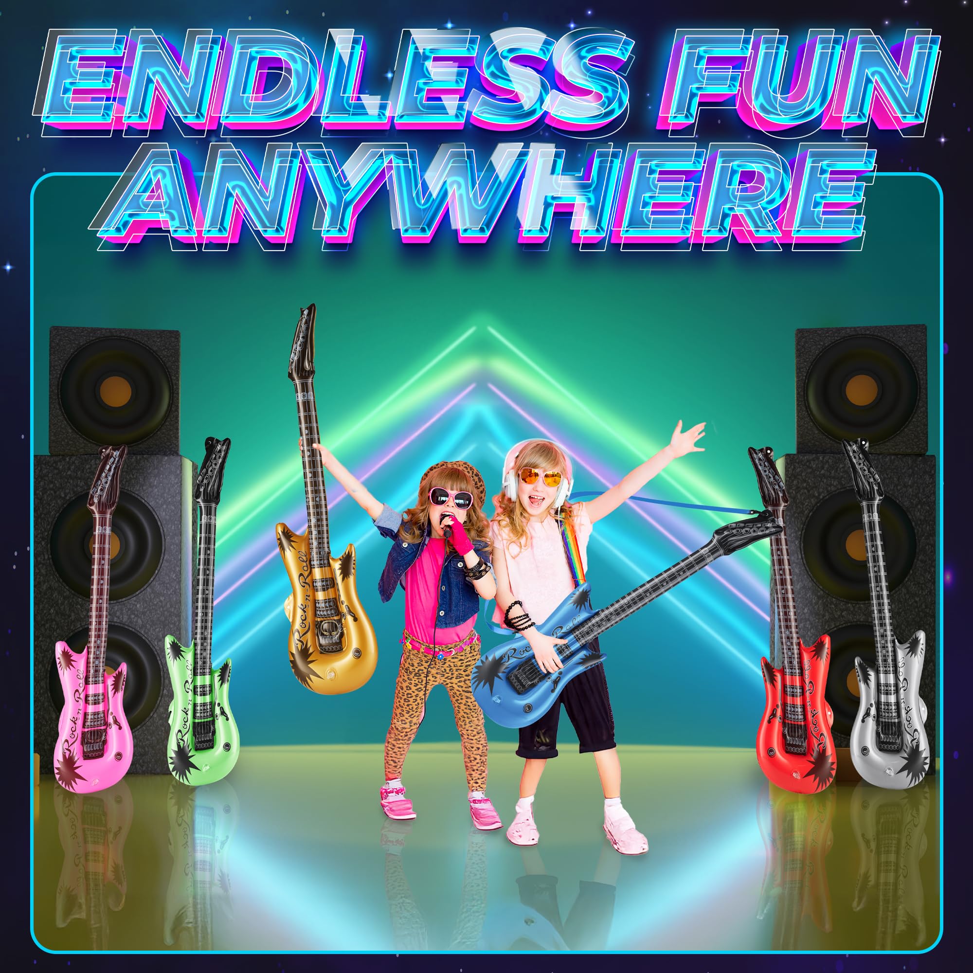 Bedwina Inflatable Guitars for Kids - (Pack of 48) 36-inch Neon Blow Up Guitar Instruments, Party Favors, Giveaways, DJ-Props, Photo-Booth, Birthdays, Rock Star, Rock and Roll Party Decorations