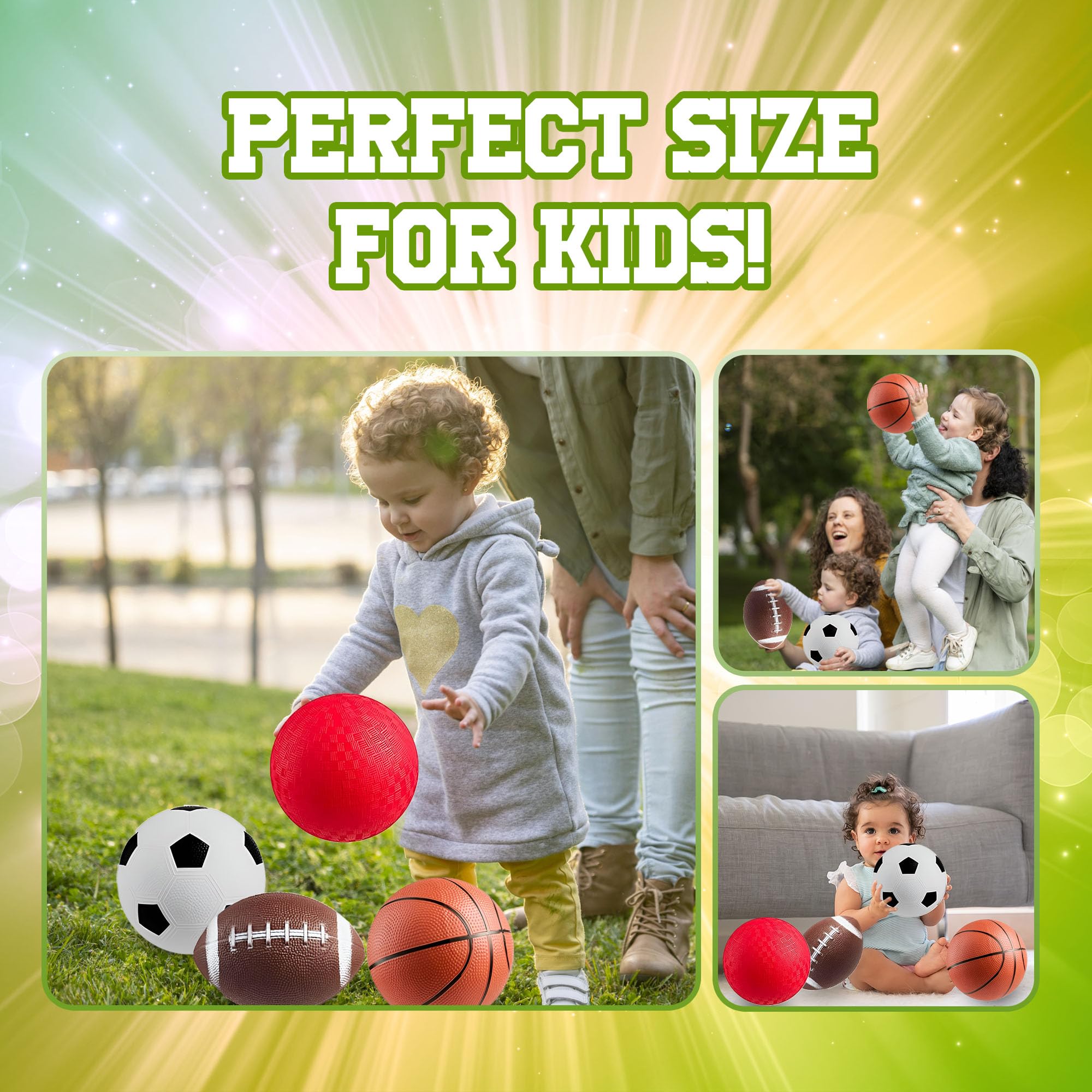 Bedwina Sports Balls for Kids & Toddlers - 5-inch Sports Balls Set Includes Football, Small Soccer Ball, Basketball, and Playground Balls, Fun Indoors & Outdoor Toys (Hand Pump Included)