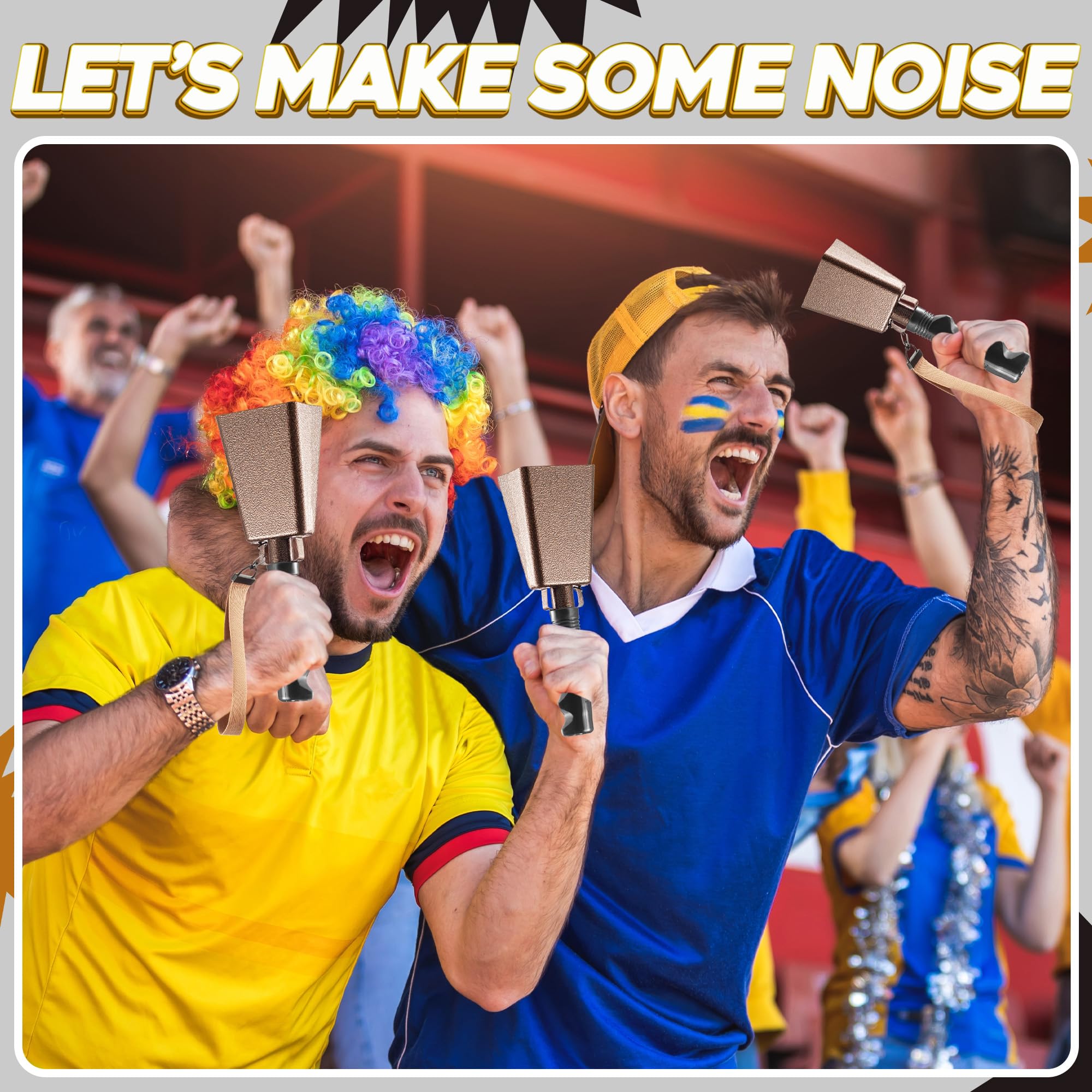 9" Metal Cowbells with Handle - (2 Pack) Cow Bells Loud Cheering Noise Makers for Sporting Events, Football Games, School Spirit, Rallies & Celebrations - Copper Steel Percussion Music Instrument