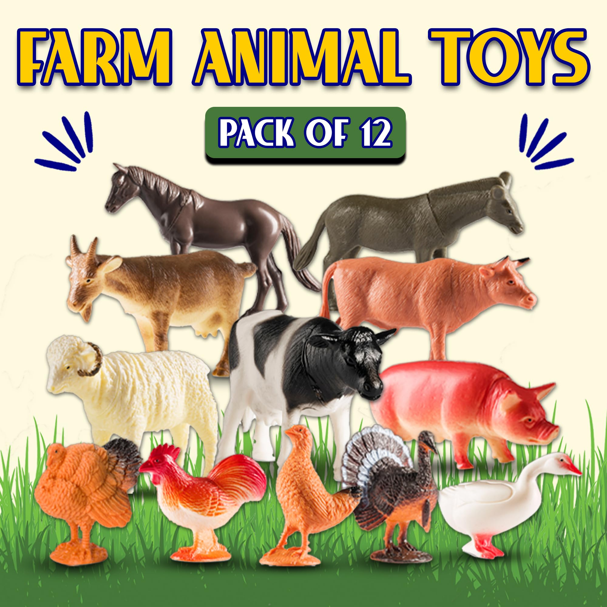 Bedwina Farm Animal Toys - Pack of 12 - Plastic Farm Animals for Kids, Realistic 3-5 Inch Ranch / Barnyard Toy Figures Styles Include Sheep, Horse, Goat, Duck, Chicken, Turkey, Cow, Pig