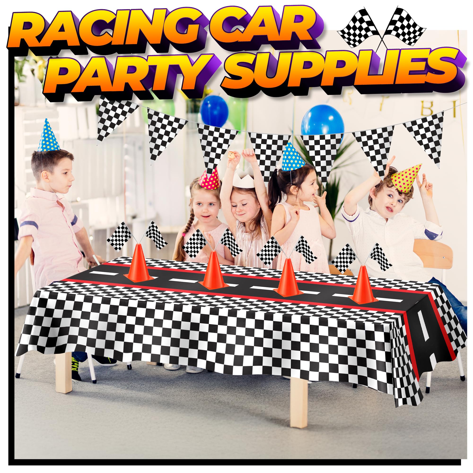Racing Cars Birthday Decorations - Racecar Centerpiece Decoration Kit for Kids - (12) Orange Traffic Cones, (24) Checkered Flags, Plastic Tablecloth (54"x108") Birthday Banner Race Car Theme (38pcs)