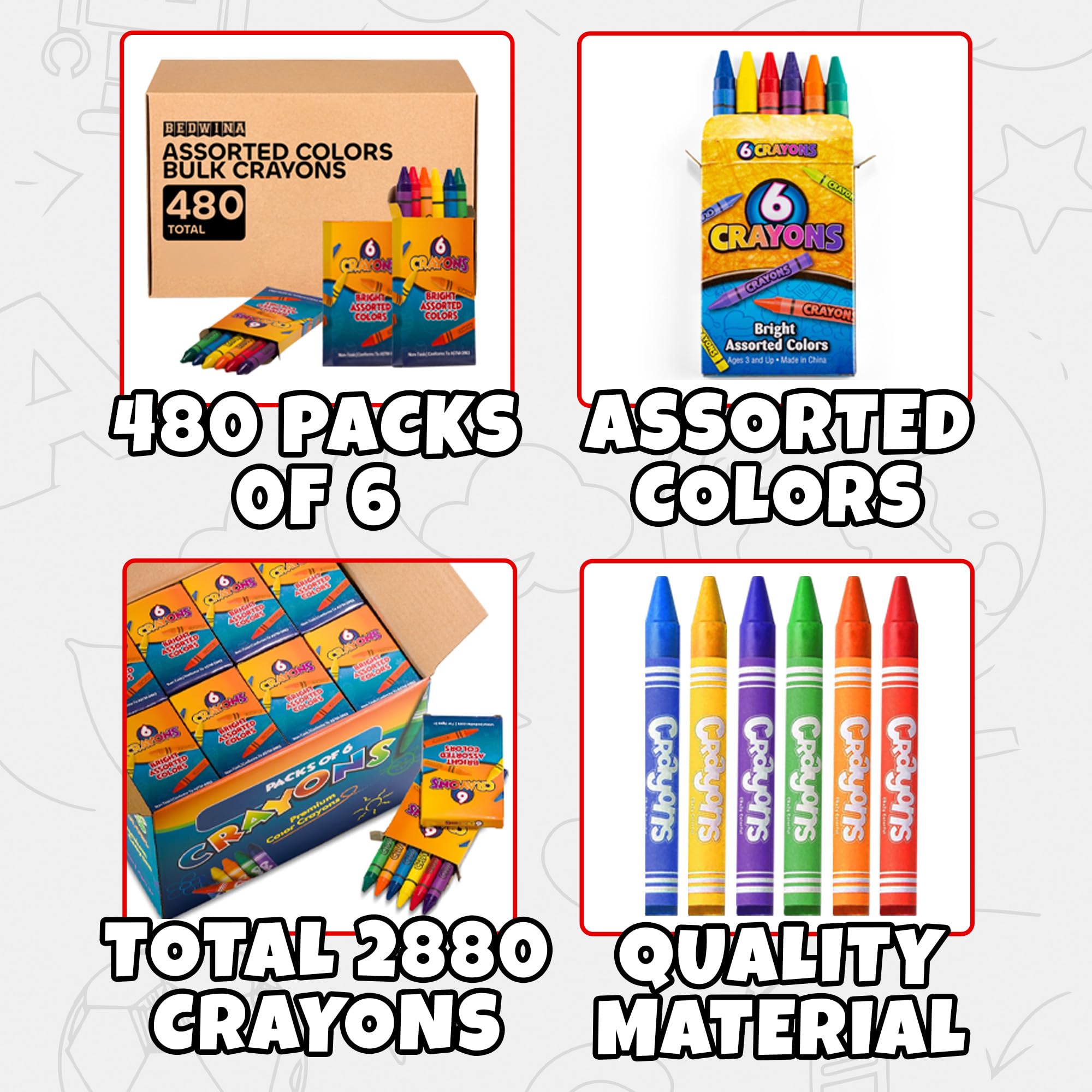 Bedwina Bulk Crayons Case of 480 6-packs Total 2880 Color Crayon Bulk School Supplies For Kids & Toddler, Teachers & Classroom, Nontoxic Travel Crayons Party Favors, Restaurants, Goody Bags Stuffers