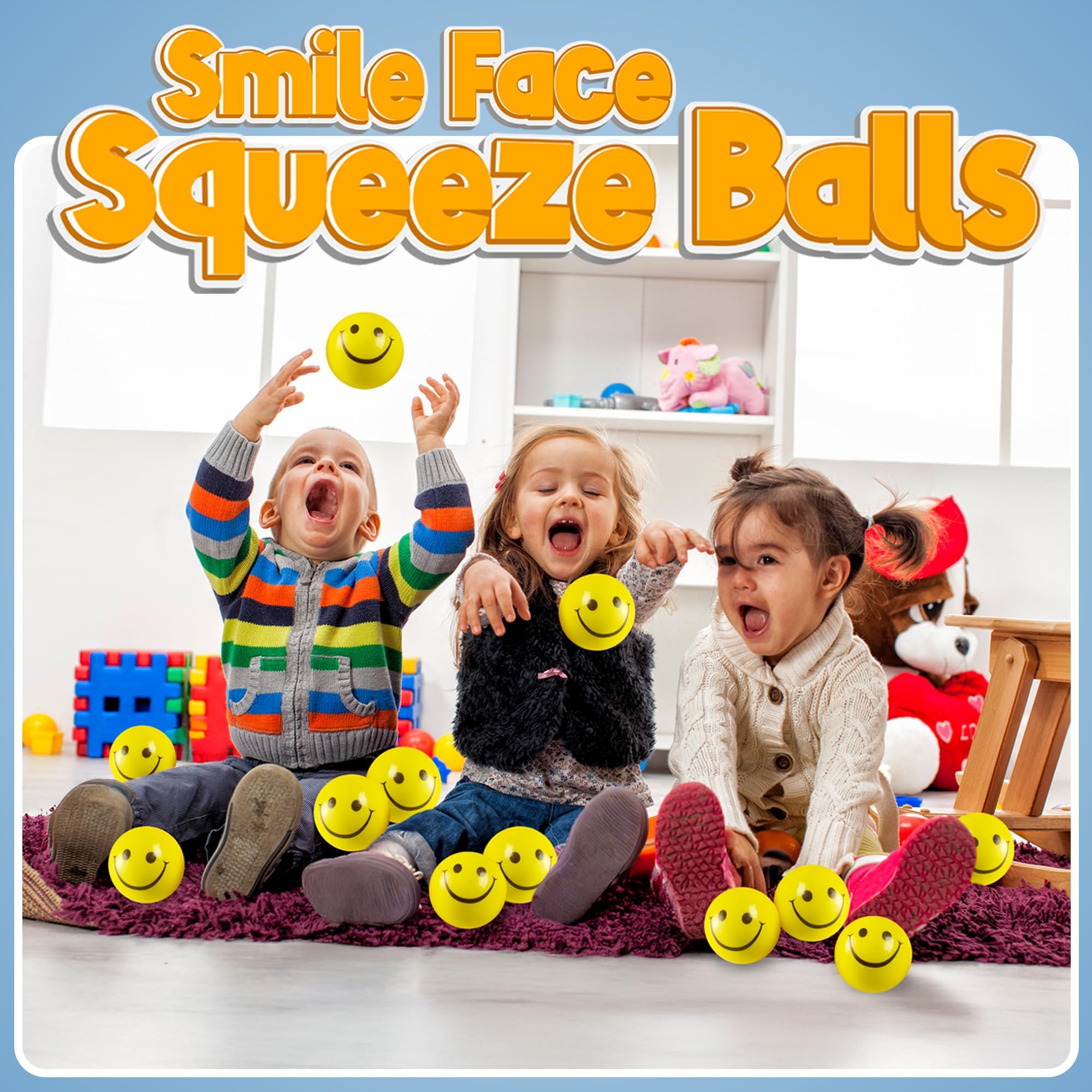 Smile Face Squeeze Balls (72 Pcs Bulk) for Kids and Adults, 2 Inch Mini Yellow Fun Happy Face Stress Anxiety Relief Balls, Hand Therapy Sensory Fidget Toy, Classrooms, Game Prize, Party Favor Gift