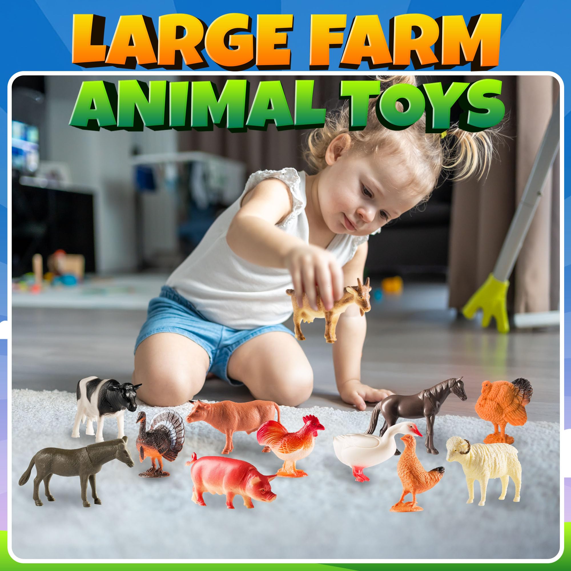Bedwina Large Farm Animal Toys - 12 Pack - Plastic Farm Animals for Kids, Realistic 3-5 Inch Ranch / Barnyard Toy Figures Styles Include Sheep, Horse, Goat, Duck, Chicken, Turkey, Cow, Pig