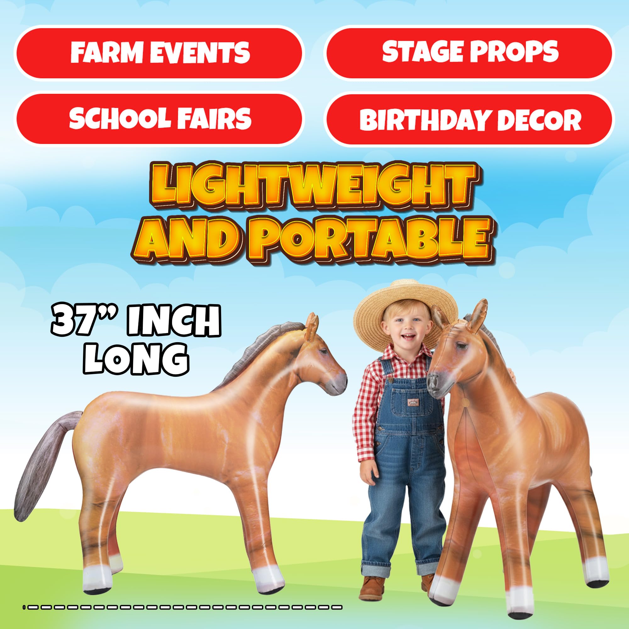 37" Inflatable Horse Decoration - Blow Up Brown Horse Toy for Kids Western, Cowboy, Barnyard, Farm & Rodeo Party Supplies, Birthday, Fall Festivals, Baby Shower, Halloween & Holiday Décor
