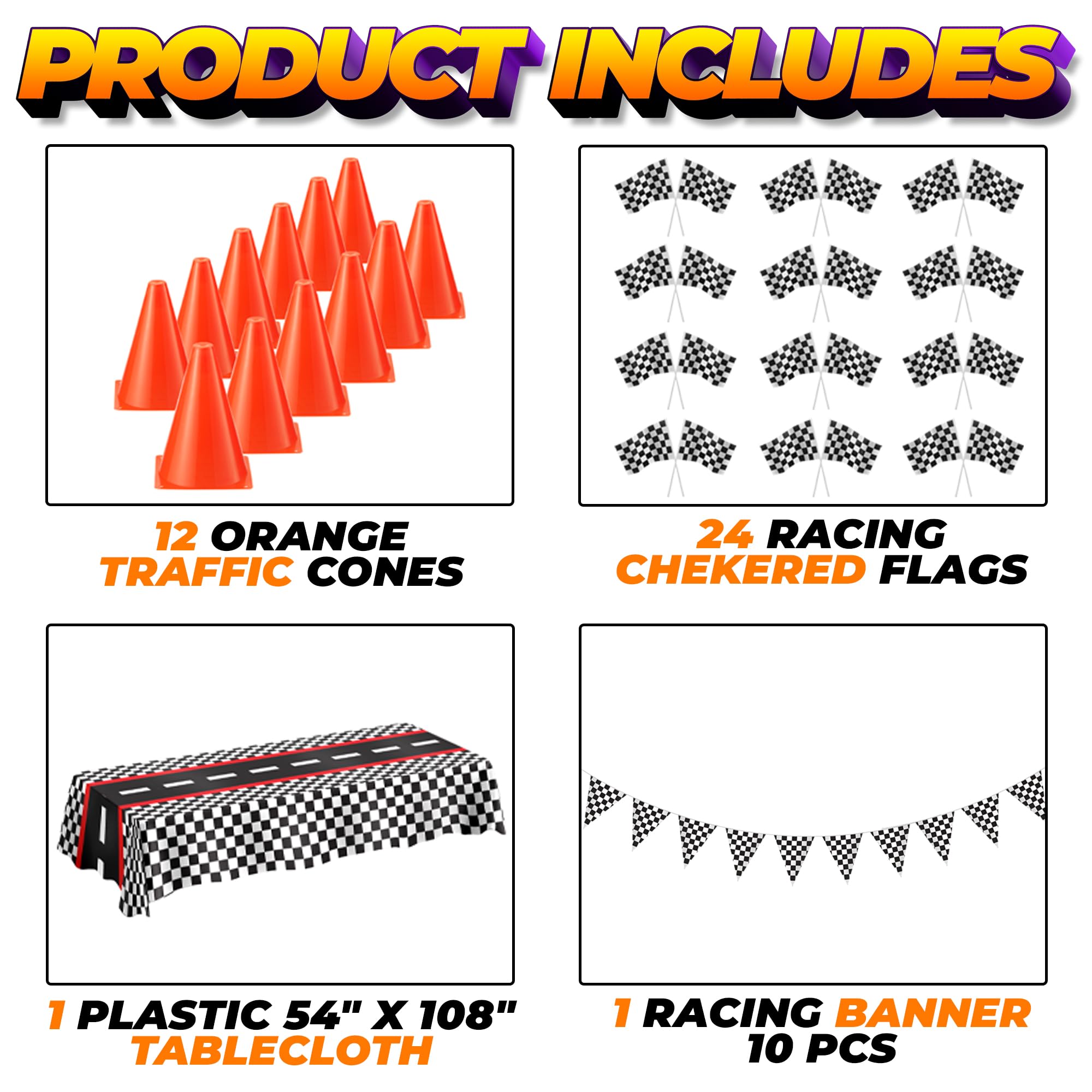 Racing Cars Birthday Decorations - Racecar Centerpiece Decoration Kit for Kids - (12) Orange Traffic Cones, (24) Checkered Flags, Plastic Tablecloth (54"x108") Birthday Banner Race Car Theme (38pcs)