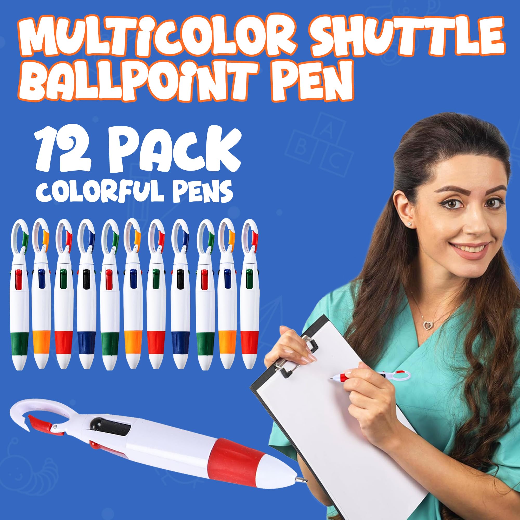 Retractable Shuttle Pens with Carabiner Clip - Pack of Bulk Mini 4-in-1 Multi-Colored Ink Ballpoint Pens with Keychain for Adults, Kids, Nurses, School, Stocking Stuffer Gifts, Party Favors