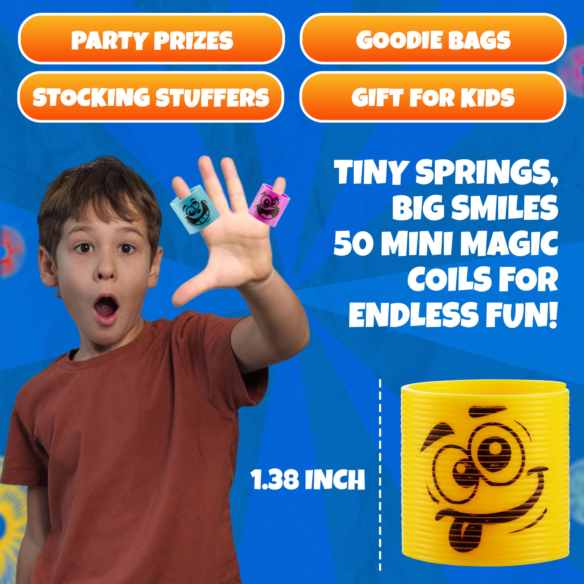 Bedwina Mega Pack of 50 Coil Springs for Kids - Assorted Silly Faces and Colors, Mini Plastic Spring Toy for Party Favors, Carnival Prizes, Gift Goodie Bag Filler, Stocking Stuffers