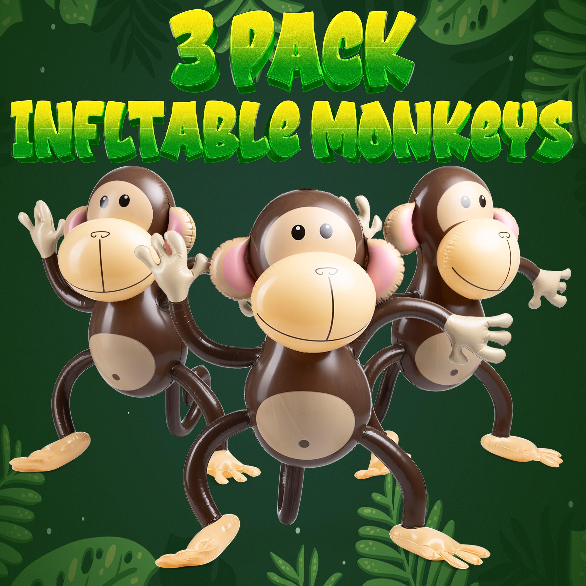 Large Inflatable Monkey (Pack of 3) 27-Inch Monkeys for Baby Shower, Safari, Jungle Themed Birthdays, Blow Up Animal Party Favors and Decorations for Kids and Toddlers