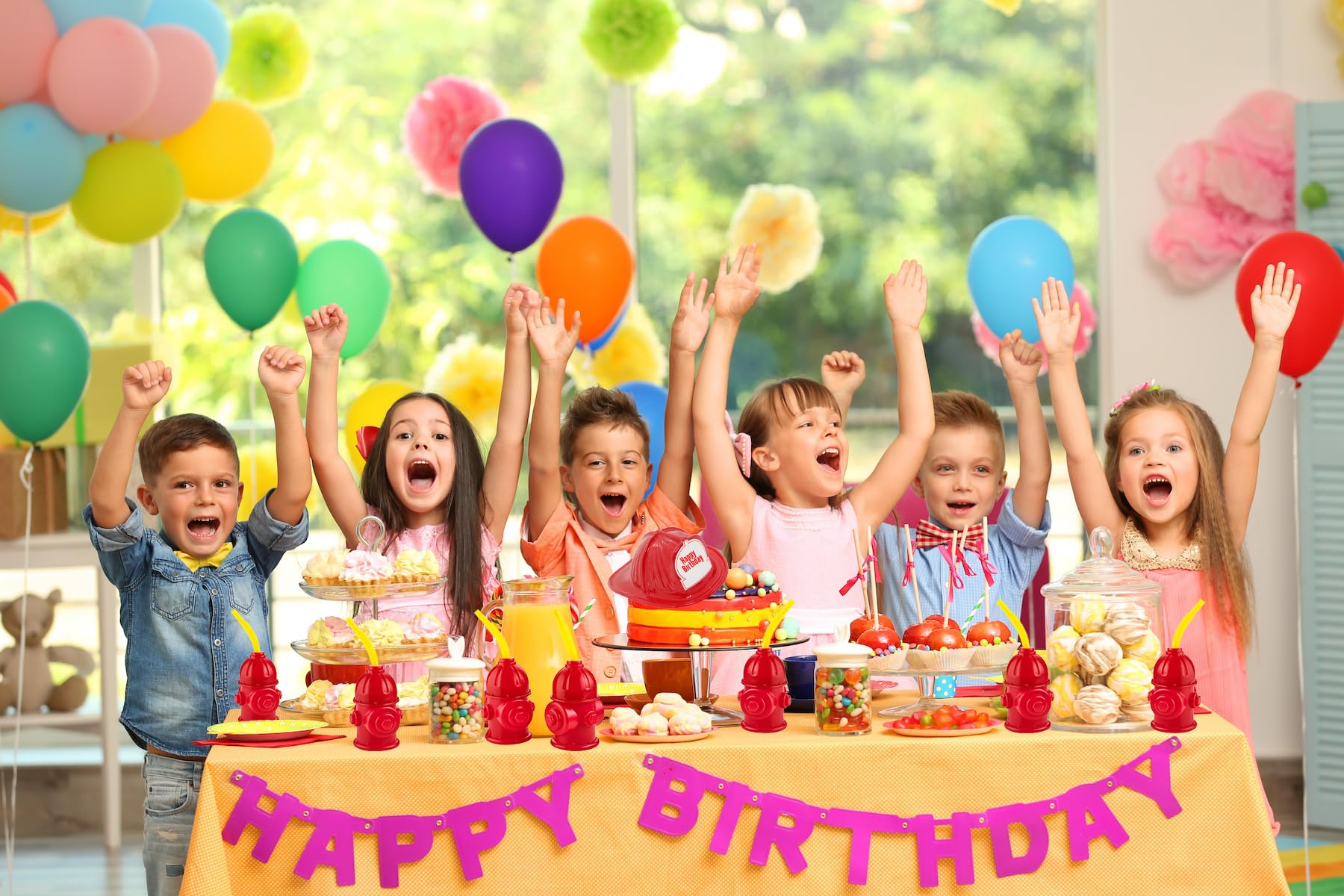 Bedwina Straw Fire Hydrant Cups with Lids - (Pack of 4) Reusable 12 oz, Red Plastic Fire Truck Party Supplies Cups and Firefighter Birthday Party Favors for Kids