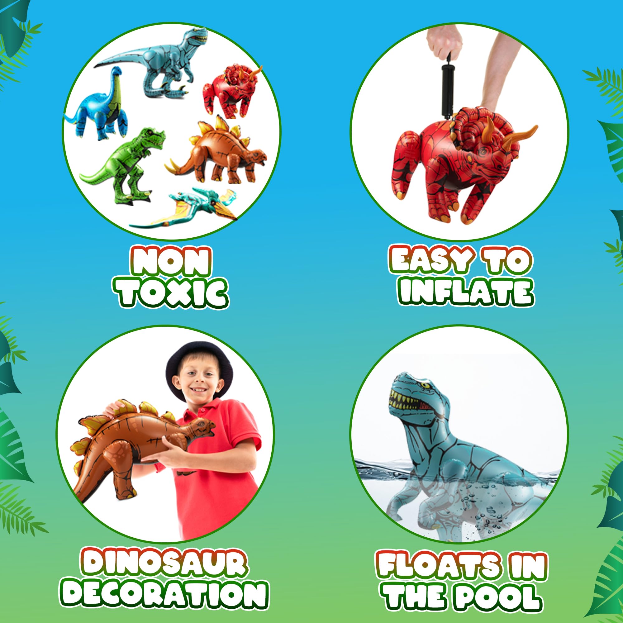 6-Pcs Inflatable Dinosaur Birthday Party Decorations - Large Blow-Up Dino Toys for Kids (20-26”) Dinos for Boys or Girls - Self-Standing Vinyl Balloons for Jurassic Theme Party & Pool Floats
