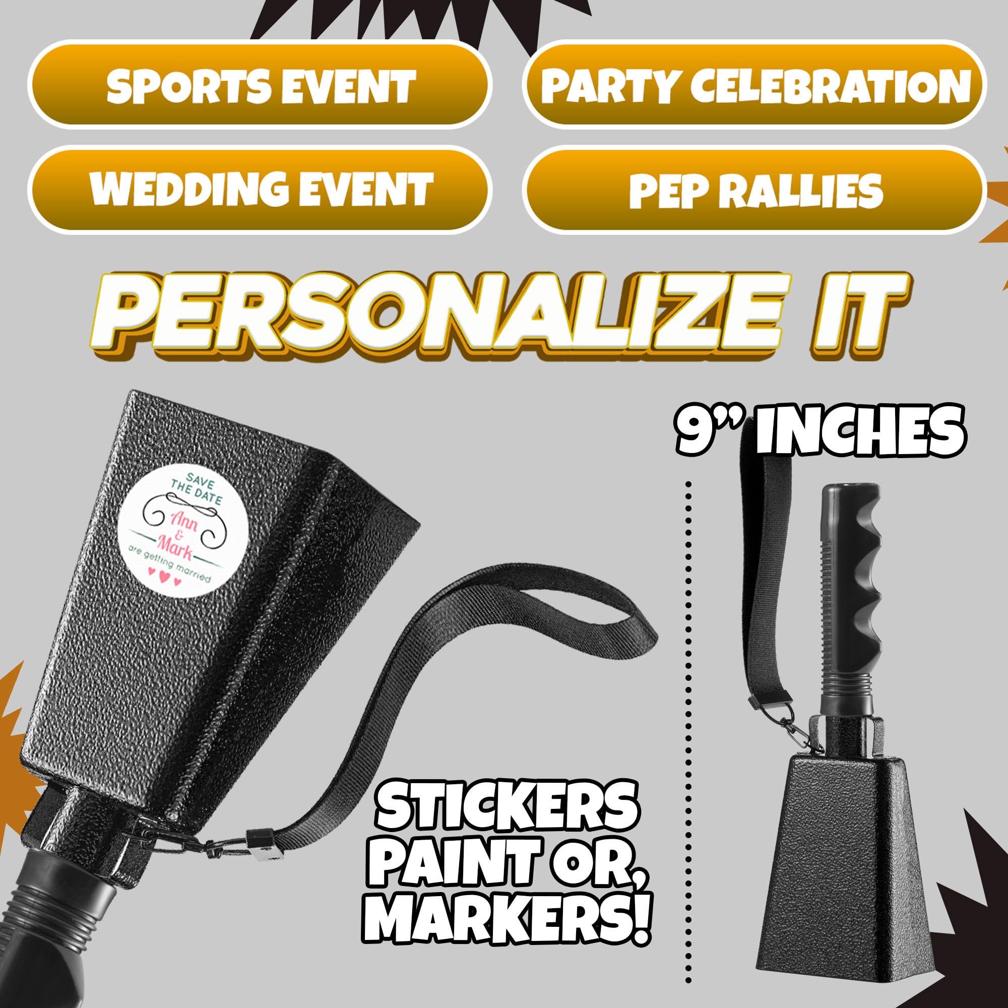 9" Metal Cowbells with Handle - (2 Pack) Cow Bells Loud Cheering Noise Makers for Sporting Events, Football Games, School Spirit, Rallies & Celebrations - Black Steel Percussion Music Instrument