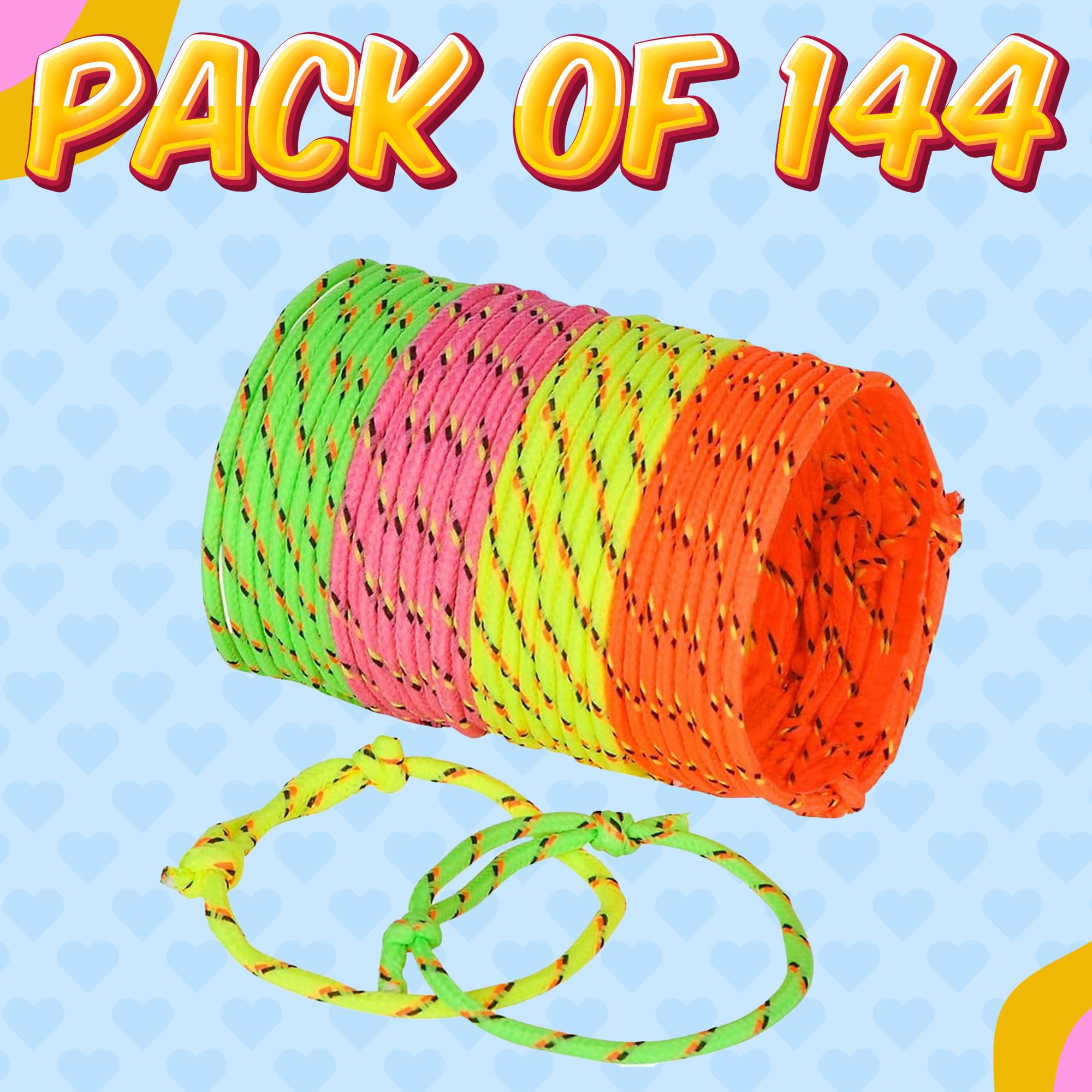 Bedwina Friendship Bracelets for Kids - (Pack of 144) Neon Adjustable Woven Rope Friendship Bracelets Bulk for Girls and Boys - Classroom Prizes for Kids Birthday Party Favors & Goodie Bag Stuffers