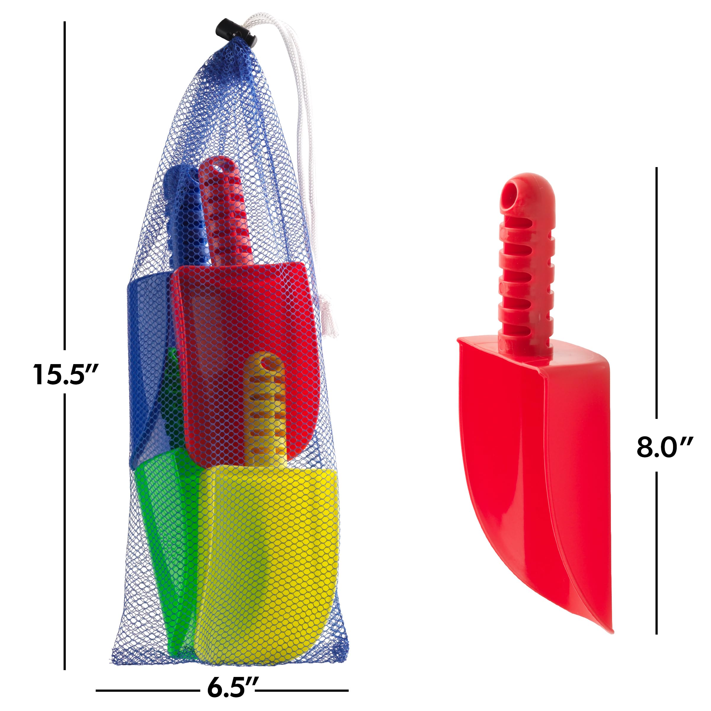 Bedwina Beach Sand Toy Shovels with Mesh Bag for Kids - (Pack of 4) 8 Inch Heavy Duty Shovel and Carry Bag for Sandbox Digging, Planting or Snow Playing for Children and Toddlers