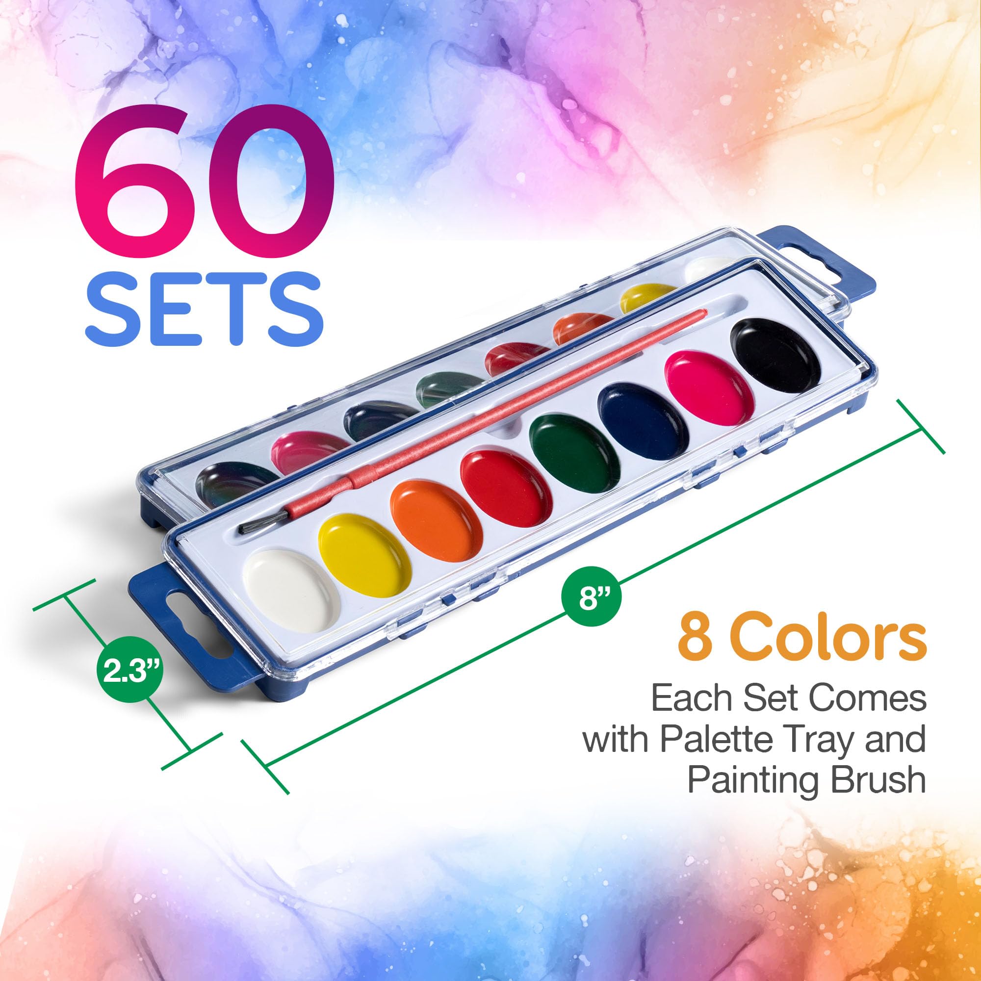 Bedwina Watercolor Paint Set- Bulk of 60 Sets - 8 Water Color Washable Paints, Palette Tray and Painting Brush, for Art Schools and Paint Party Supplies