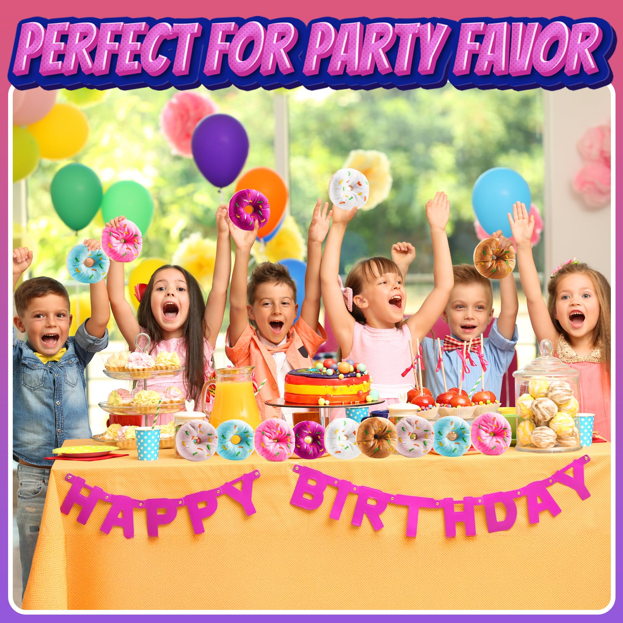 Bedwina Plush Donut Party Decorations (Pack of 6) with Colorful Sprinkles, Stuffed Toy is Great for Donut Party Favors, Birthday Party Decorations and Party Supplies