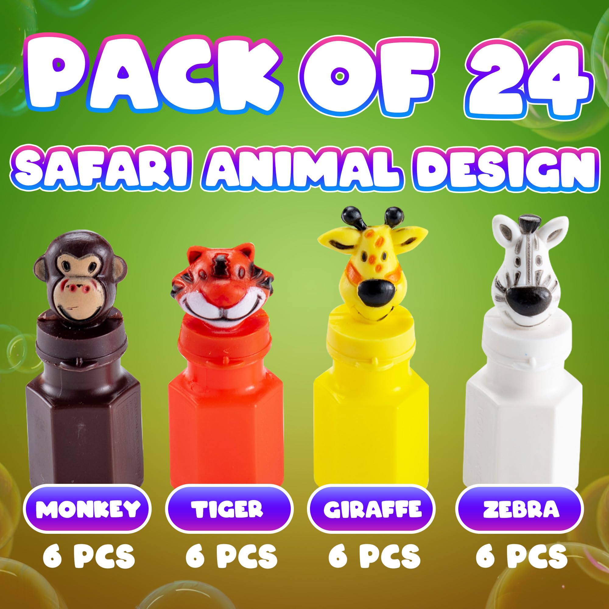 Bulk Safari Animal Bubbles for Kids - (Pack of 24) Mini Safari Bubble Bottles with Wands and Assorted Jungle Zoo Characters, Baby Showers, Themed Birthday Party Favors, Goody Bag Toys for Kids