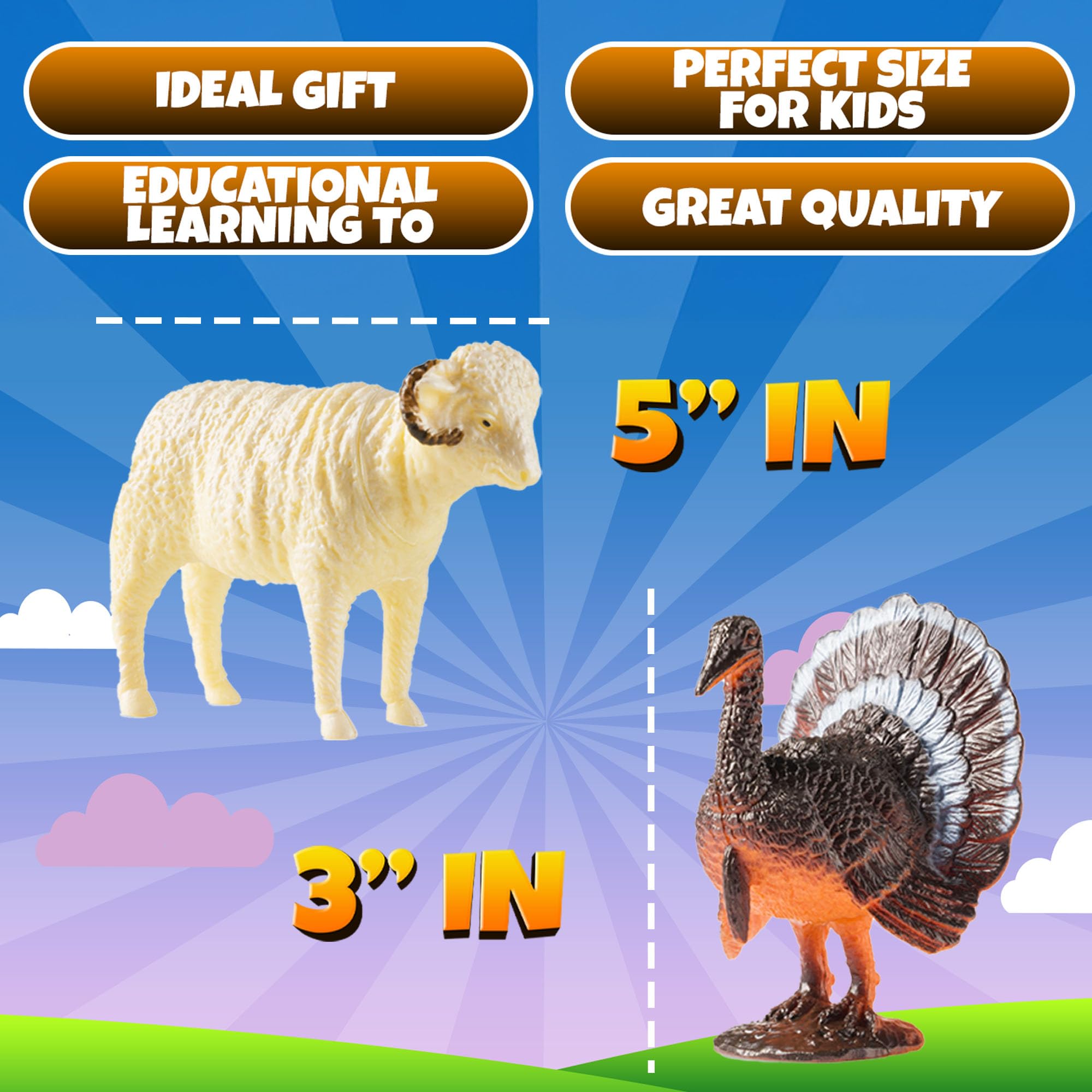 Bedwina Large Farm Animal Toys - 12 Pack - Plastic Farm Animals for Kids, Realistic 3-5 Inch Ranch / Barnyard Toy Figures Styles Include Sheep, Horse, Goat, Duck, Chicken, Turkey, Cow, Pig