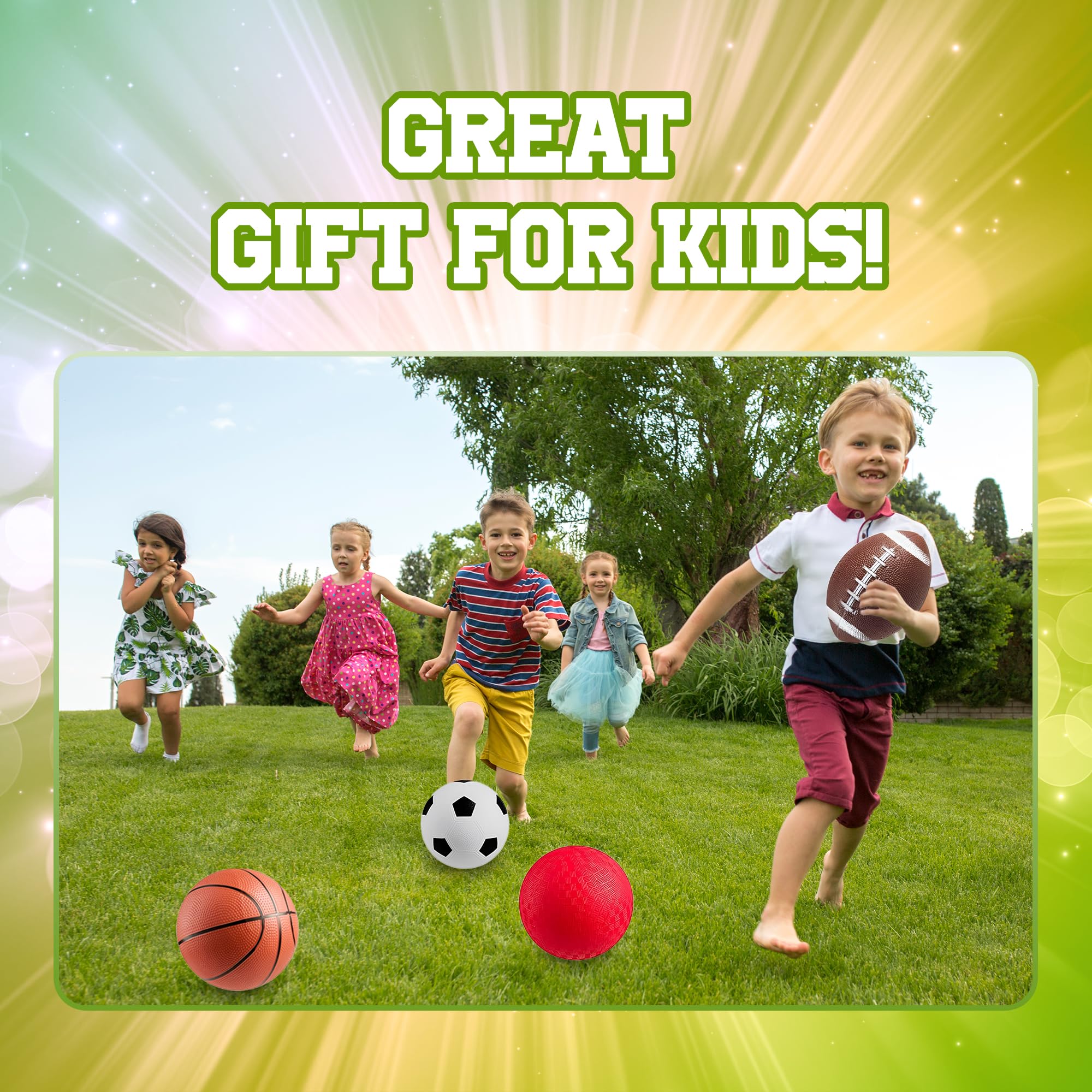 Bedwina Sports Balls for Kids & Toddlers - 5-inch Sports Balls Set Includes Football, Small Soccer Ball, Basketball, and Playground Balls, Fun Indoors & Outdoor Toys (Hand Pump Included)