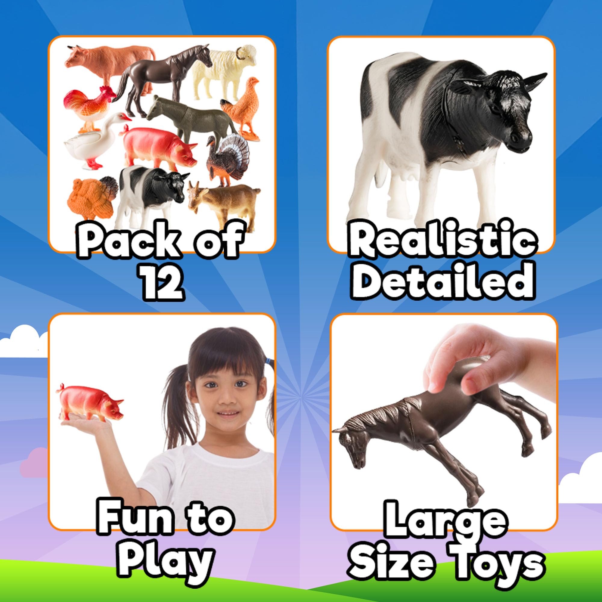 Bedwina Large Farm Animal Toys - 12 Pack - Plastic Farm Animals for Kids, Realistic 3-5 Inch Ranch / Barnyard Toy Figures Styles Include Sheep, Horse, Goat, Duck, Chicken, Turkey, Cow, Pig