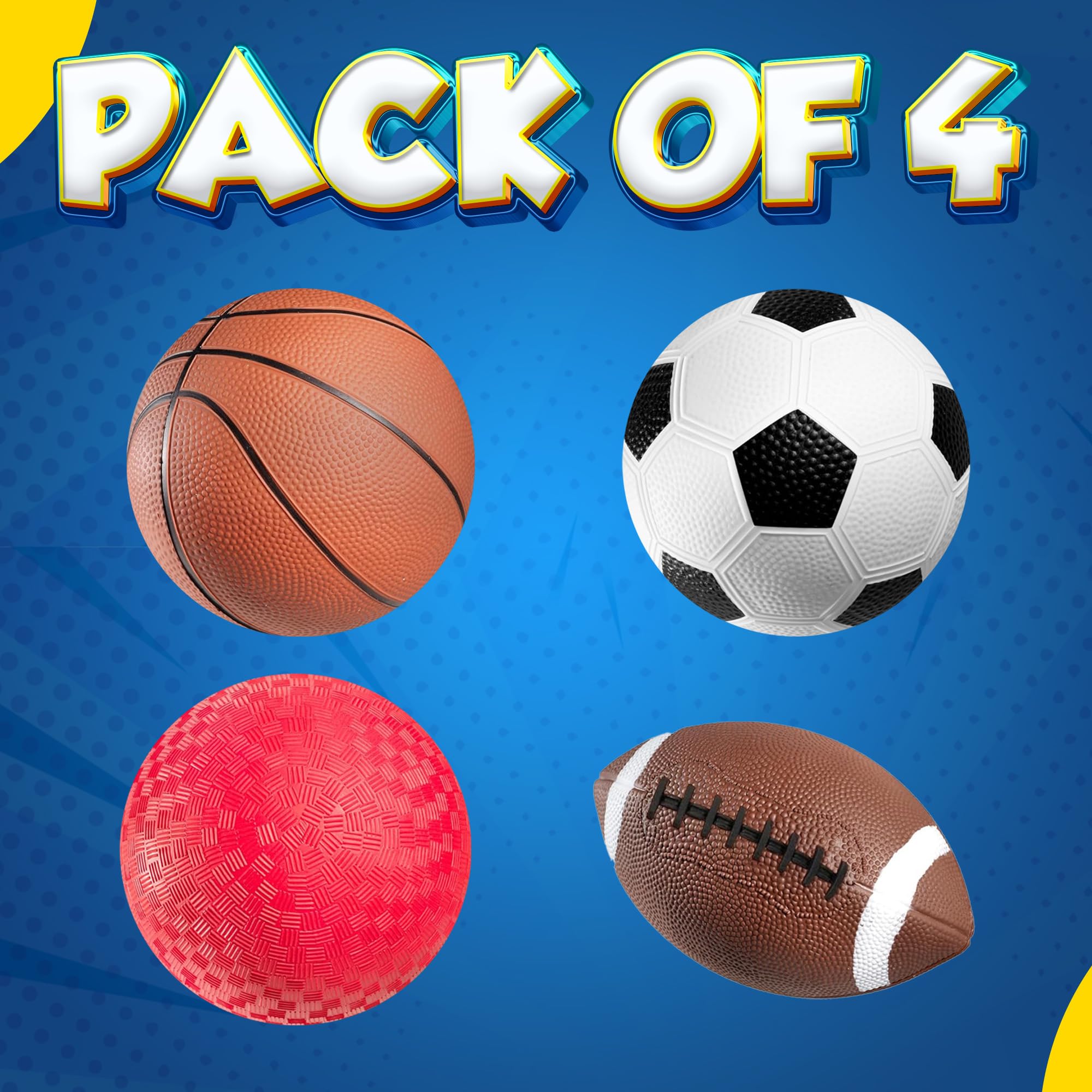 8.5” Sports Balls for Kids & Toddlers - (Pack of 4) Rubber Inflatable Multi-Sport Ball Set - Football, Soccer Ball, Basketball & Playground Ball - Outdoor Toys for Boys & Girls, (Hand Pump Included)