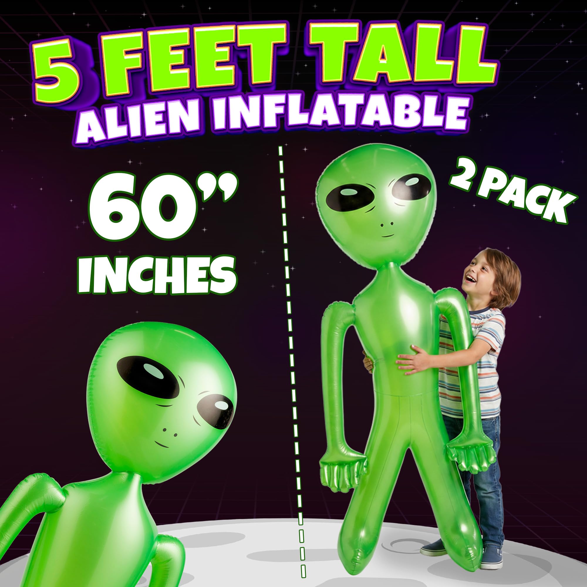 60 Inch (5 Feet) Giant Alien Inflatable - Pack of 2 - Jumbo Green Alien, for Game Prize, Alien Halloween Decorations Theme Party Favors Photo Prep & Decorations