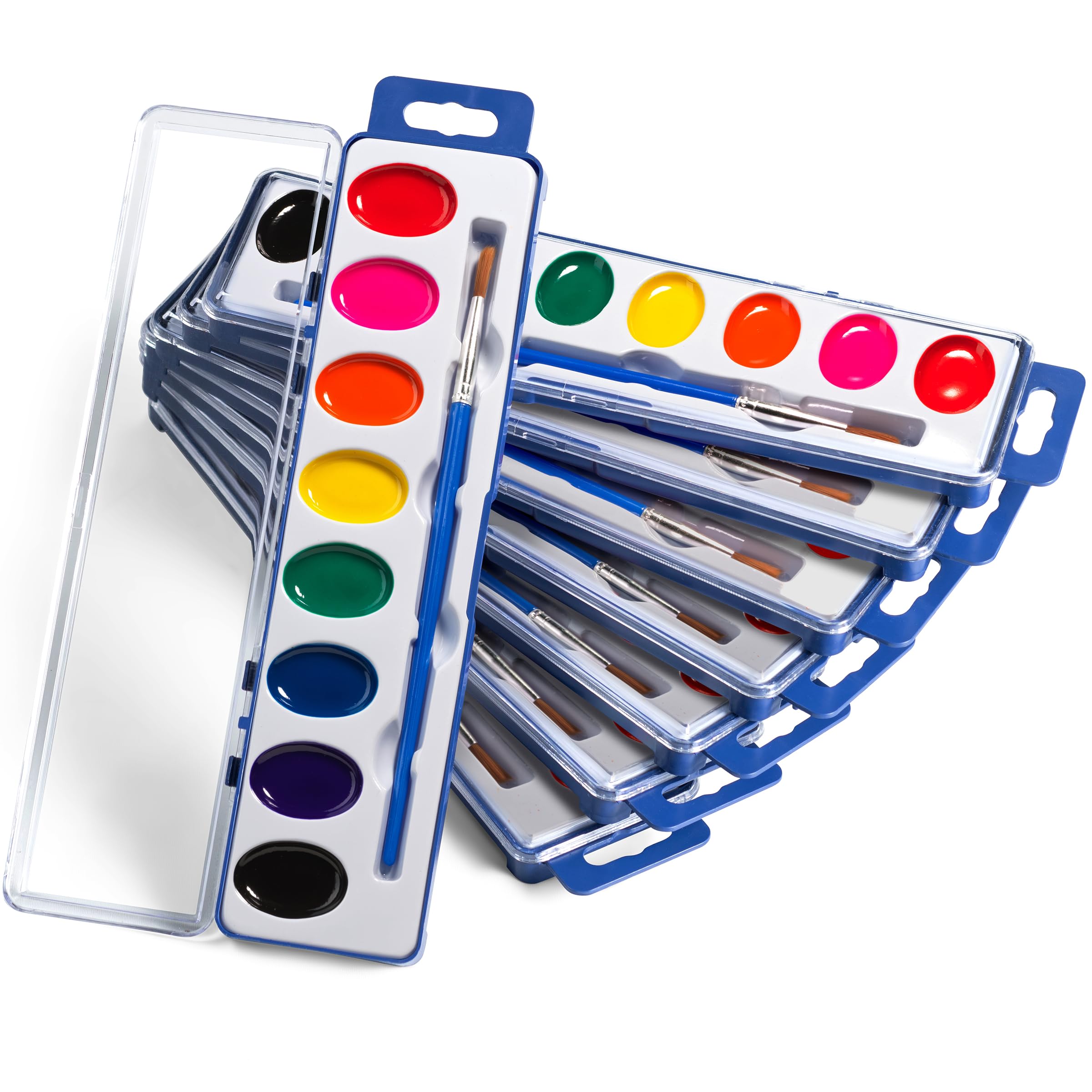 Bedwina Watercolor Paint Set- Bulk Of 24 Sets - 8 Water Color Washable Paints, Palette Tray and Painting Brush, for Art Schools and Paint Party Supplies