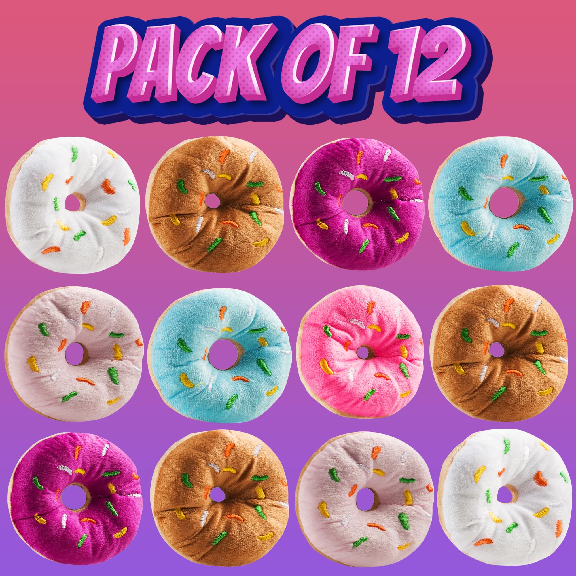 Bedwina Plush Donuts with Sprinkles - (Pack of 12) 1 Dozen Stuffed Donut Pillow Toy Party Favors, Donut Party Supplies Decorations and Stocking Stuffers for Kids