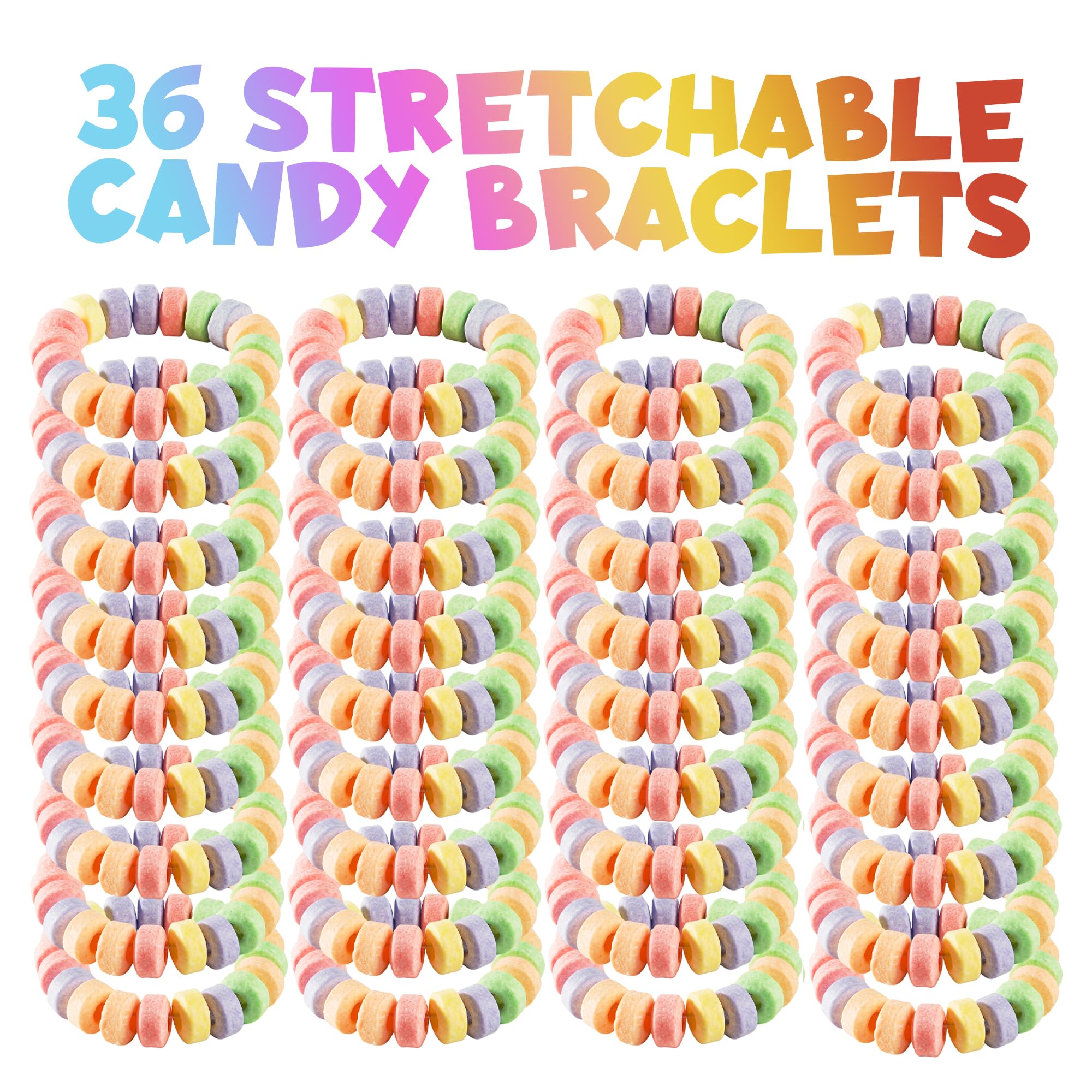 72-Pack Candy Bracelets for Kids 2.5 Inch - Individually Wrapped Novelty Candy - Stretchable Edible Colorful Fruit Flavor Rainbow Bracelets in Bulk for Birthday Party Favors Supplies & Goodie Bags