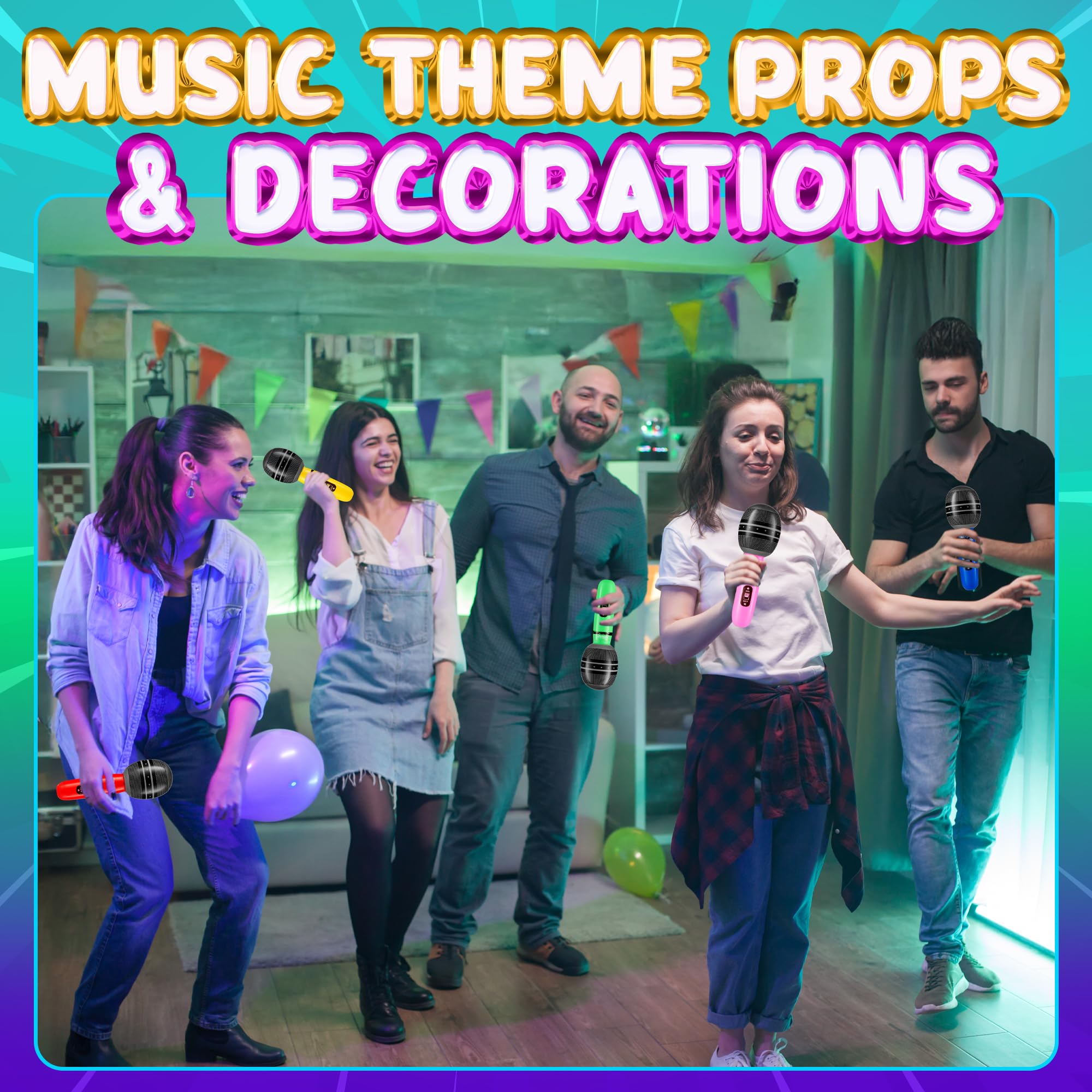 Inflatable Microphones for Parties - (Pack of 24) 10-inch Neon Colors Blow Up Microphone for Kids & Adults, Party Favors, Giveaways, DJ-Props, Photo-Booth, Birthdays, Dance, Sing, Concert Decorations