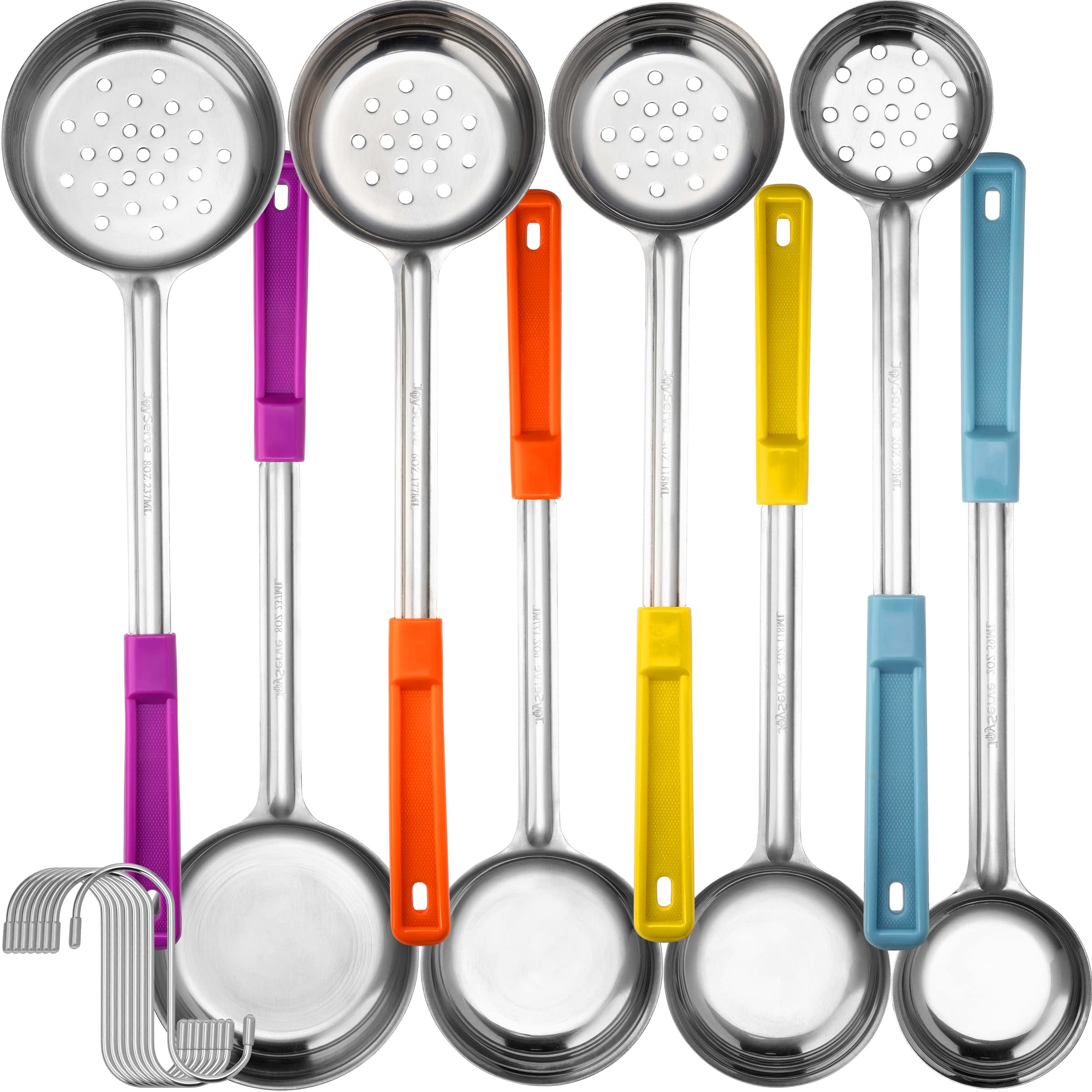Portion Control Serving Spoons - (8 Piece Set) Restaurant Measuring Serving Ladle Utensils for Weight Loss, Bariatric Gastric Sleeve, Includes 2, 4, 6, 8 oz Solid & Perforated Scoops, 14-1/4" Long