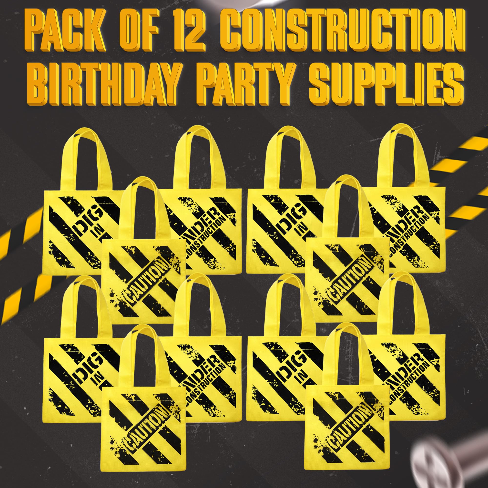 Construction Birthday Party Supplies 12 Under Construction Party Decorations Themed Mini Non-Woven Canvas Tote Gift Bags with Handles Construction Party Bags Supplies for Kids and Goodie Bags for Boys