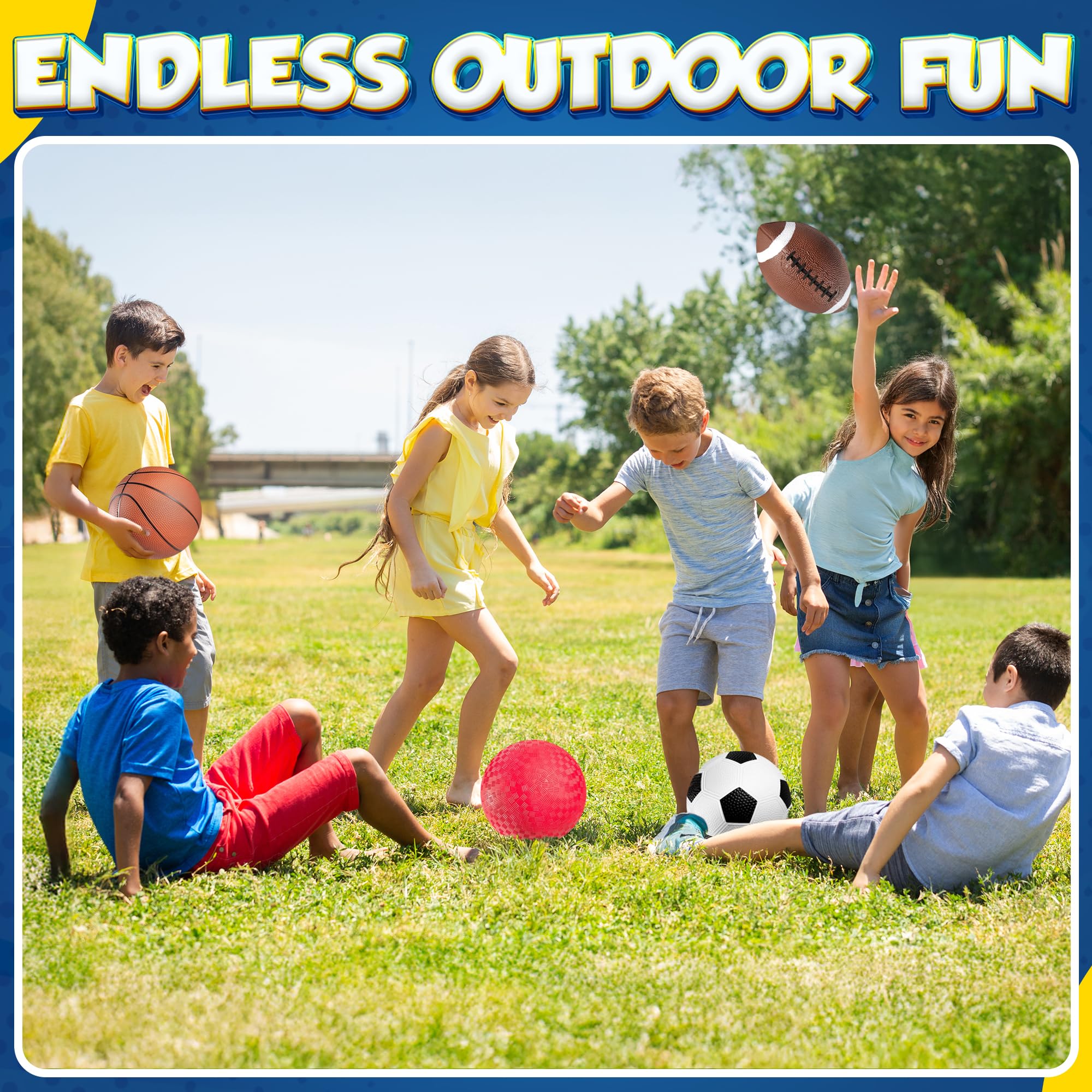 8.5” Sports Balls for Kids & Toddlers - (Pack of 4) Rubber Inflatable Multi-Sport Ball Set - Football, Soccer Ball, Basketball & Playground Ball - Outdoor Toys for Boys & Girls, (Hand Pump Included)