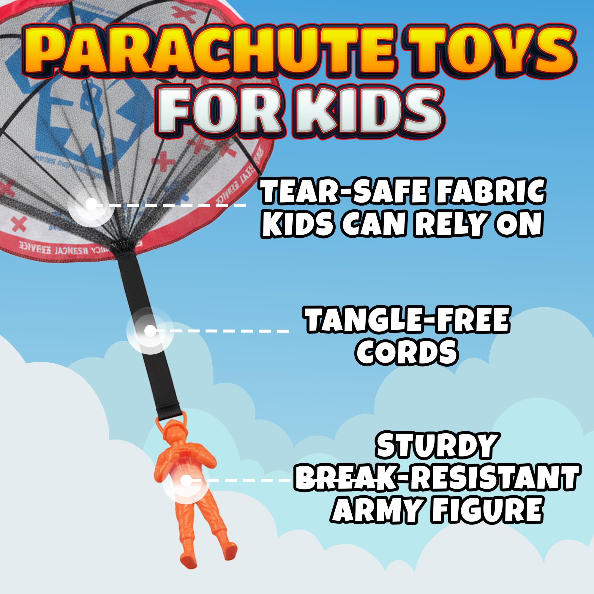 Parachute Men Toys for Kids - (Pack of 4) Police, Army, Firefighter & EMT Figures w/ Tangle-Free Parachutes - Outdoor Flying Toys for Kids, Party Favors, Birthday Gifts for Boys & Girls Ages 3+