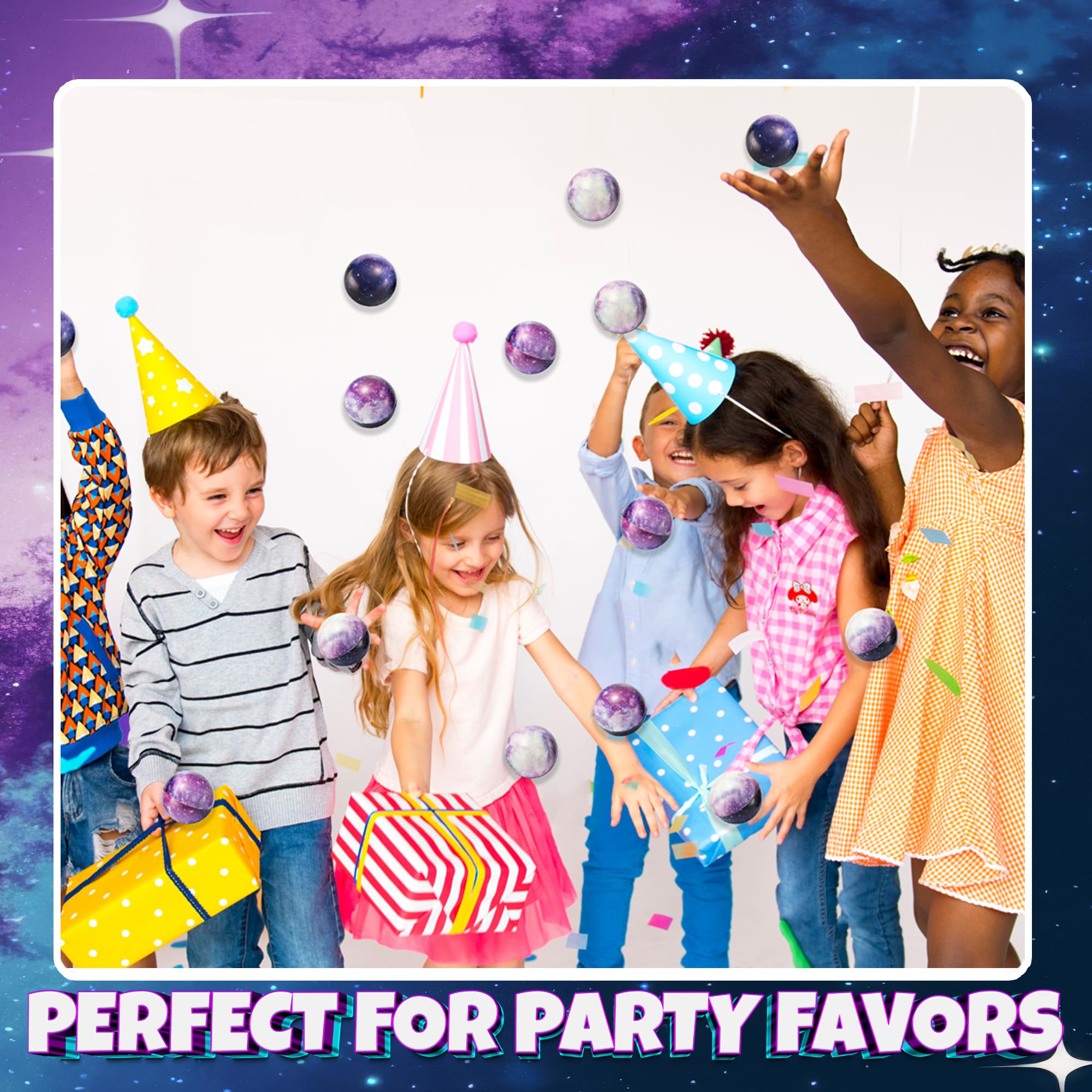 Galaxy Stress Balls for Kids - Pack of 50 Bulk - Squeeze Anxiety Fidget Sensory Balls for Children with Outer Space Theme, Great Toys for Party Favors and Birthday Party Supplies
