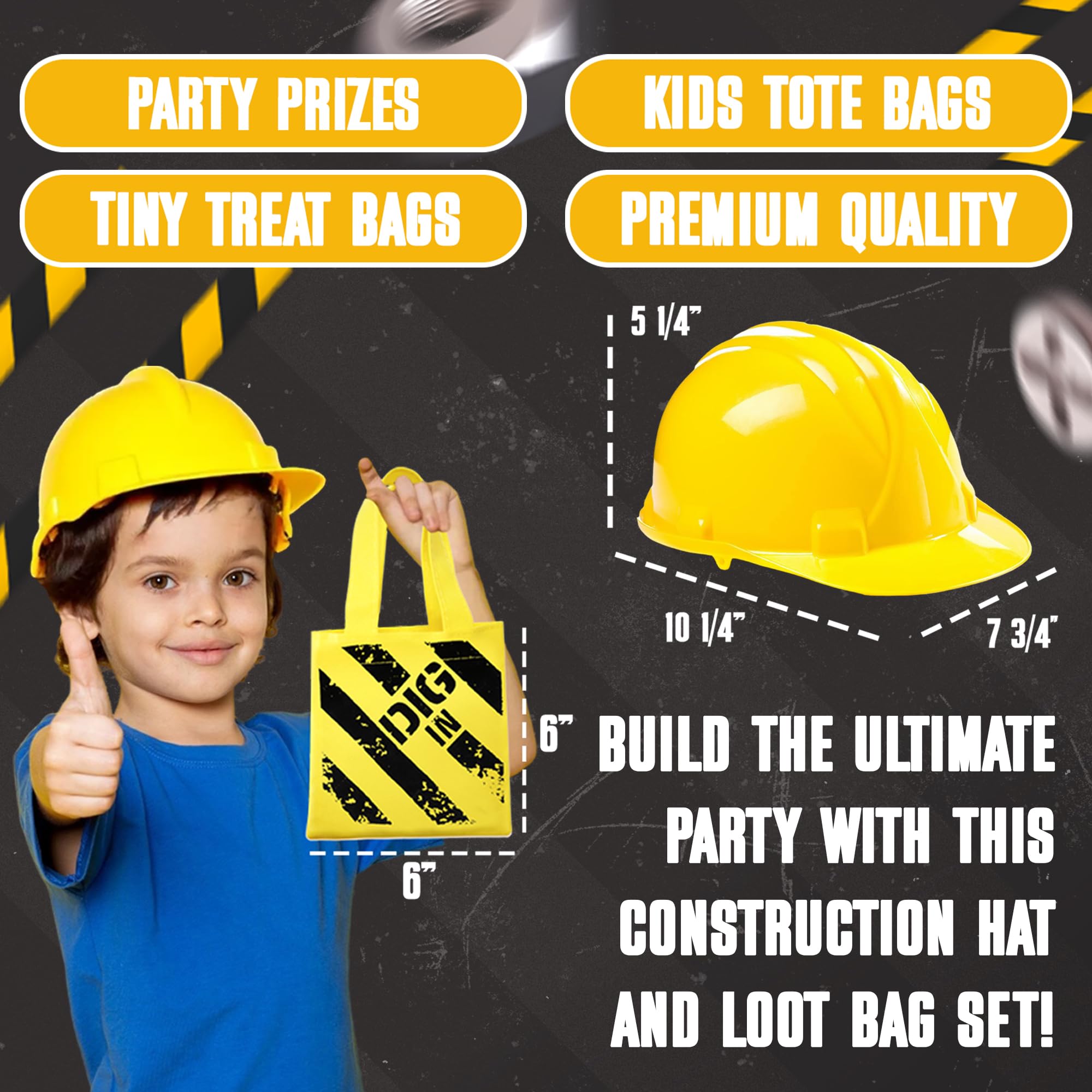 Bedwina Construction Themed Party Supplies - (24 Pack) Construction Party Favors Hat & Mini Tote Bag Supplies - (12) Yellow Construction Hats for Kids & (12) Construction Goodie Bags