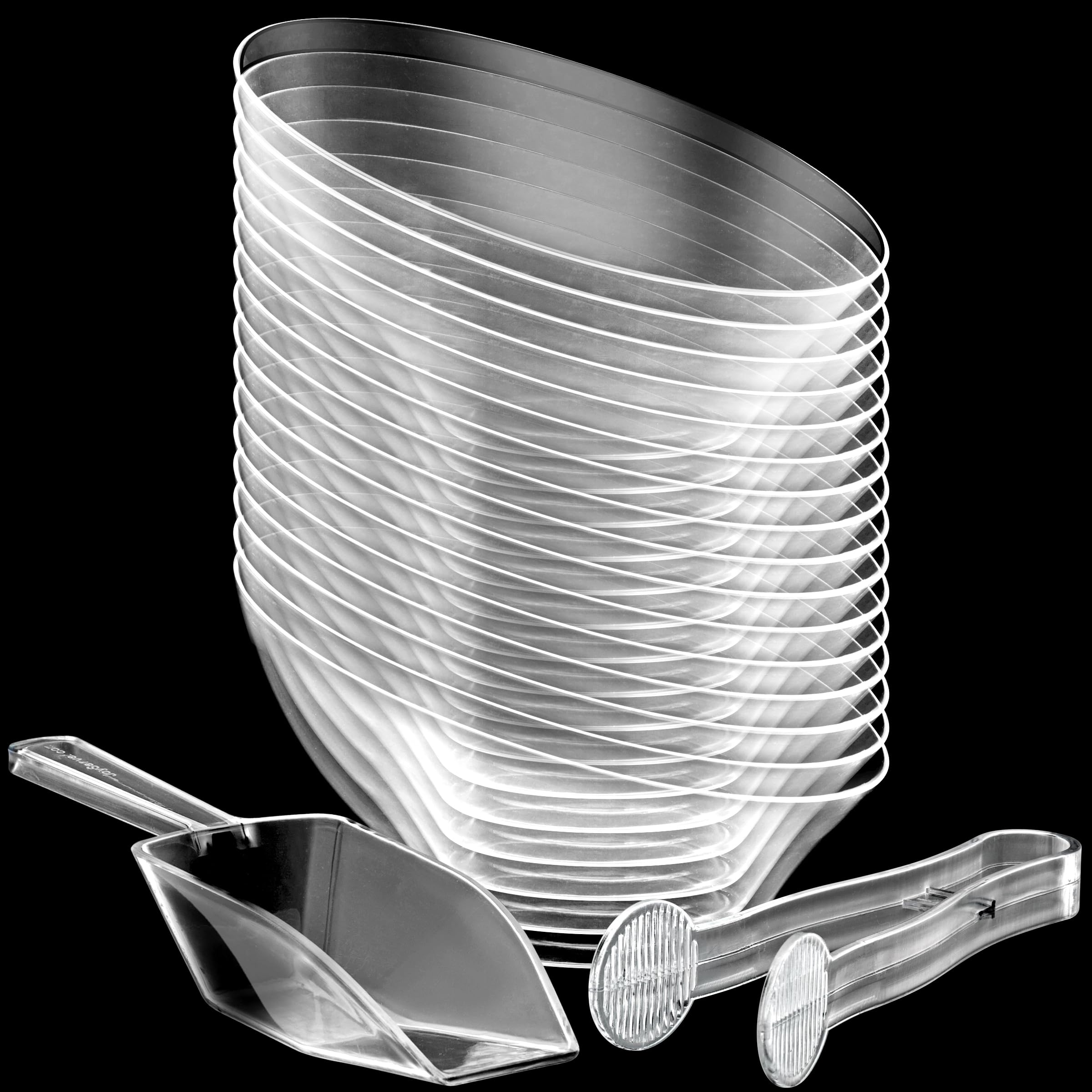6 oz Clear Plastic Dessert Bowls (16 Pcs) with (8) Scoops and (8) Tongs, Angled Hard Disposable Ice Cream Bar Cups and Candy Buffet Containers Set for Serving Food, Appetizers, Buffets, Party Supplies