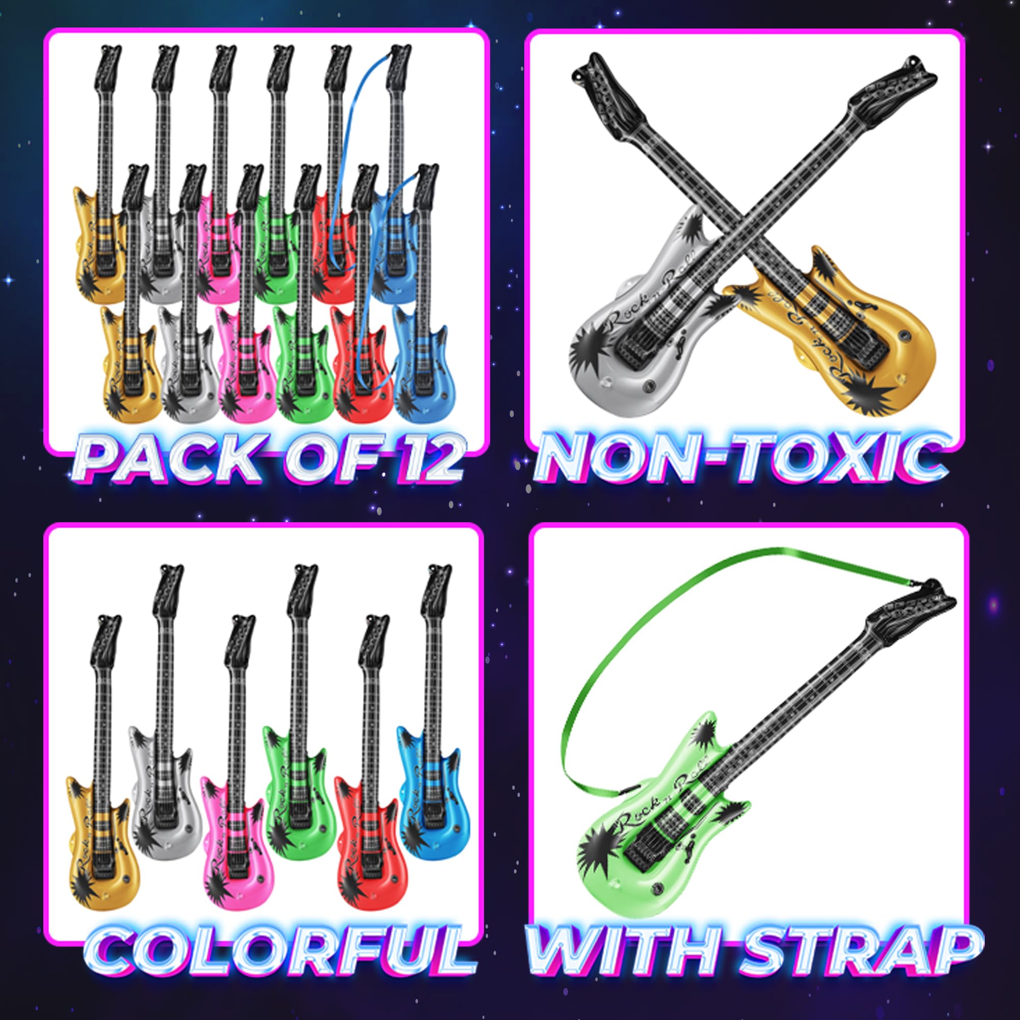 Bedwina Inflatable Guitars for Kids - 36-inch Neon Blow Up Guitar Instruments, Party Favors, Giveaways, DJ-Props, Photo-Booth, Birthdays, Rock Star, Rock and Roll Party Decorations