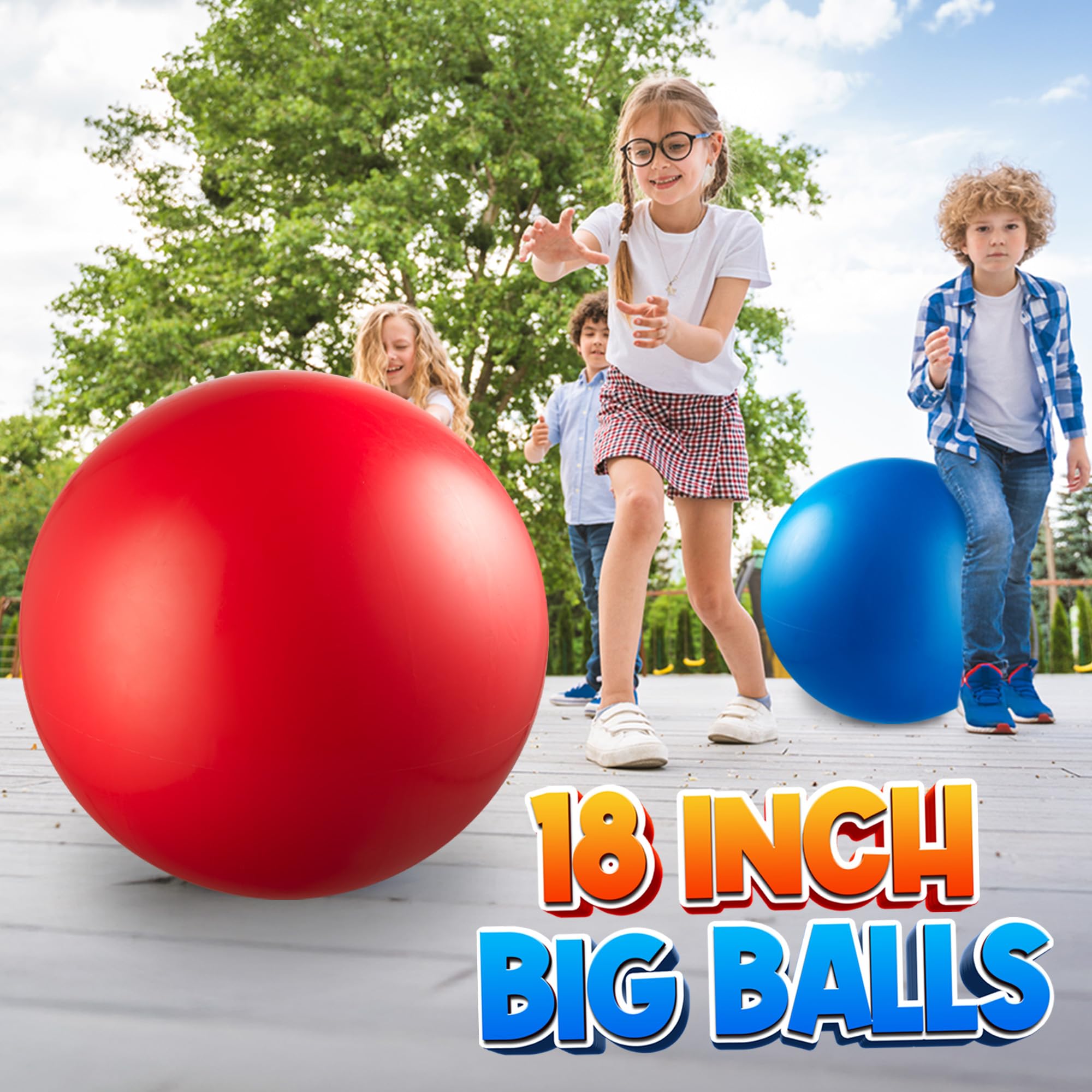 PlayBolt Jumbo 18-Inch Playground Balls (2 Pack, Red & Blue) - Giant Large Inflatable Rubber Kickball for Kids and Toddlers, Boys & Girls Backyard, Sports, Gym, Recess, Indoor & Outdoor Games w/Pump