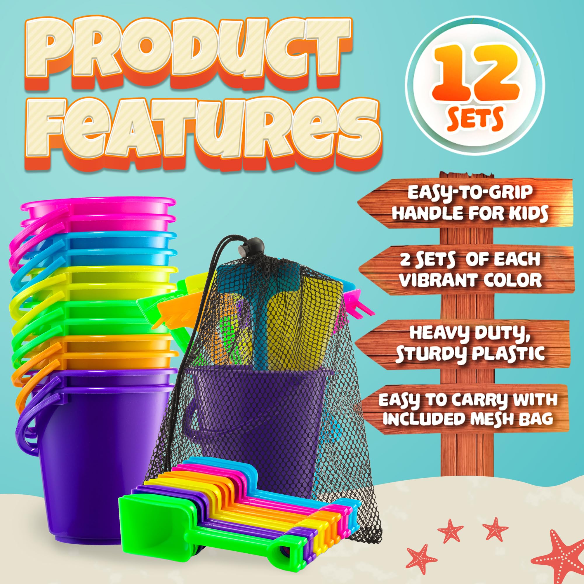 Mini 4.5-Inch Beach Buckets for Kids - (12 Pack) Sand Buckets and Shovels with Rakes - Small Beach Pails - Sturdy Unbreakable Plastic - Beach Party Favors for Toddlers Ages 3-6