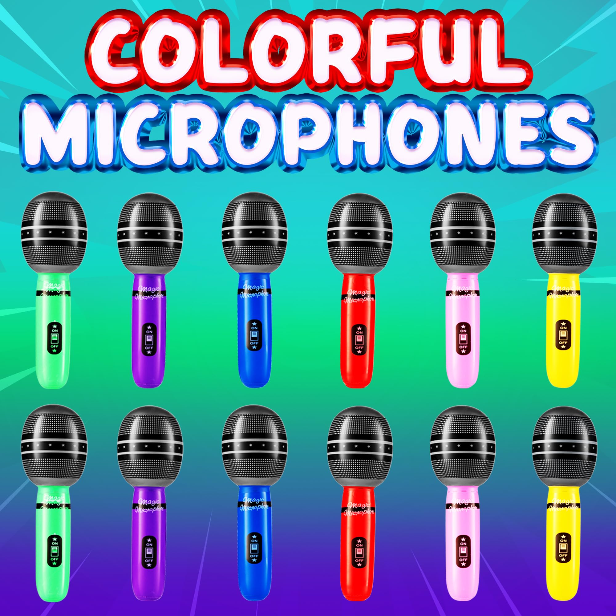 Inflatable Microphones for Parties - (Pack of 72) 10-inch Neon Colors Blow Up Microphone for Kids & Adults, Party Favors, Giveaways, DJ-Props, Photo-Booth, Birthdays, Dance, Sing, Concert Decorations