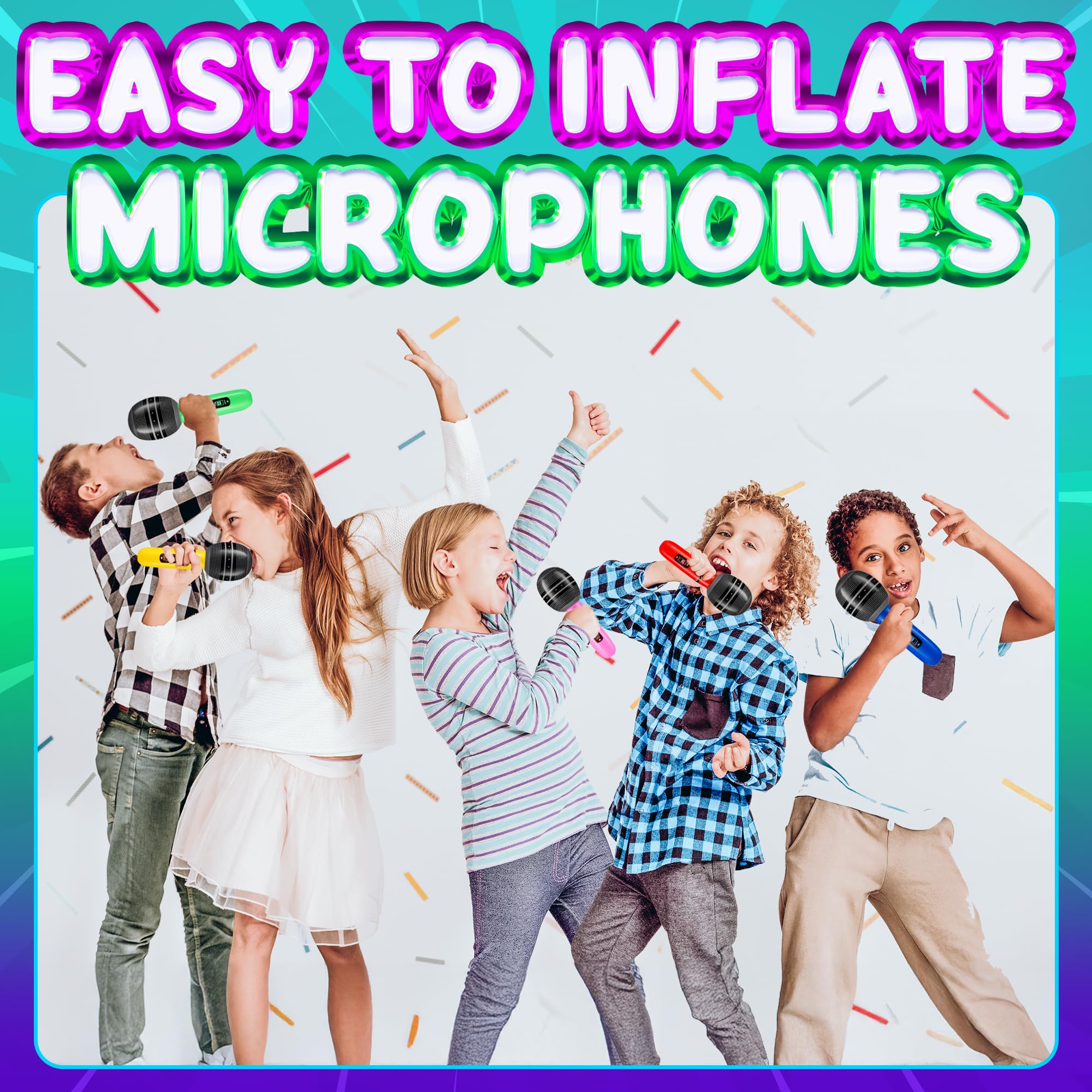 Inflatable Microphones for Parties - (Pack of 12) 10-inch Neon Colors Blow Up Microphone for Kids & Adults, Party Favors, Giveaways, DJ-Props, Photo-Booth, Birthdays, Dance, Sing, Concert Decorations