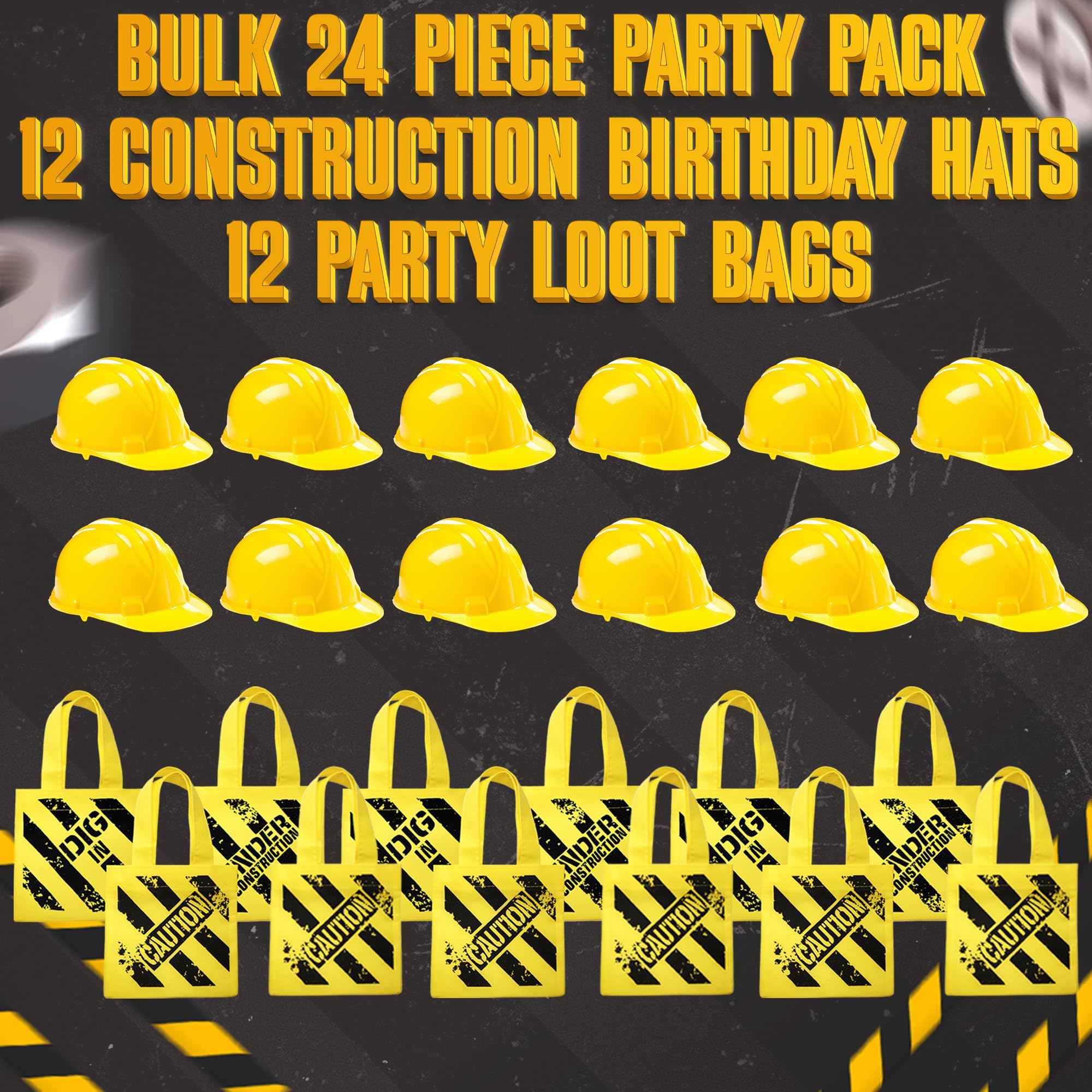 Bedwina Construction Themed Party Supplies - (24 Pack) Construction Party Favors Hat & Mini Tote Bag Supplies - (12) Yellow Construction Hats for Kids & (12) Construction Goodie Bags