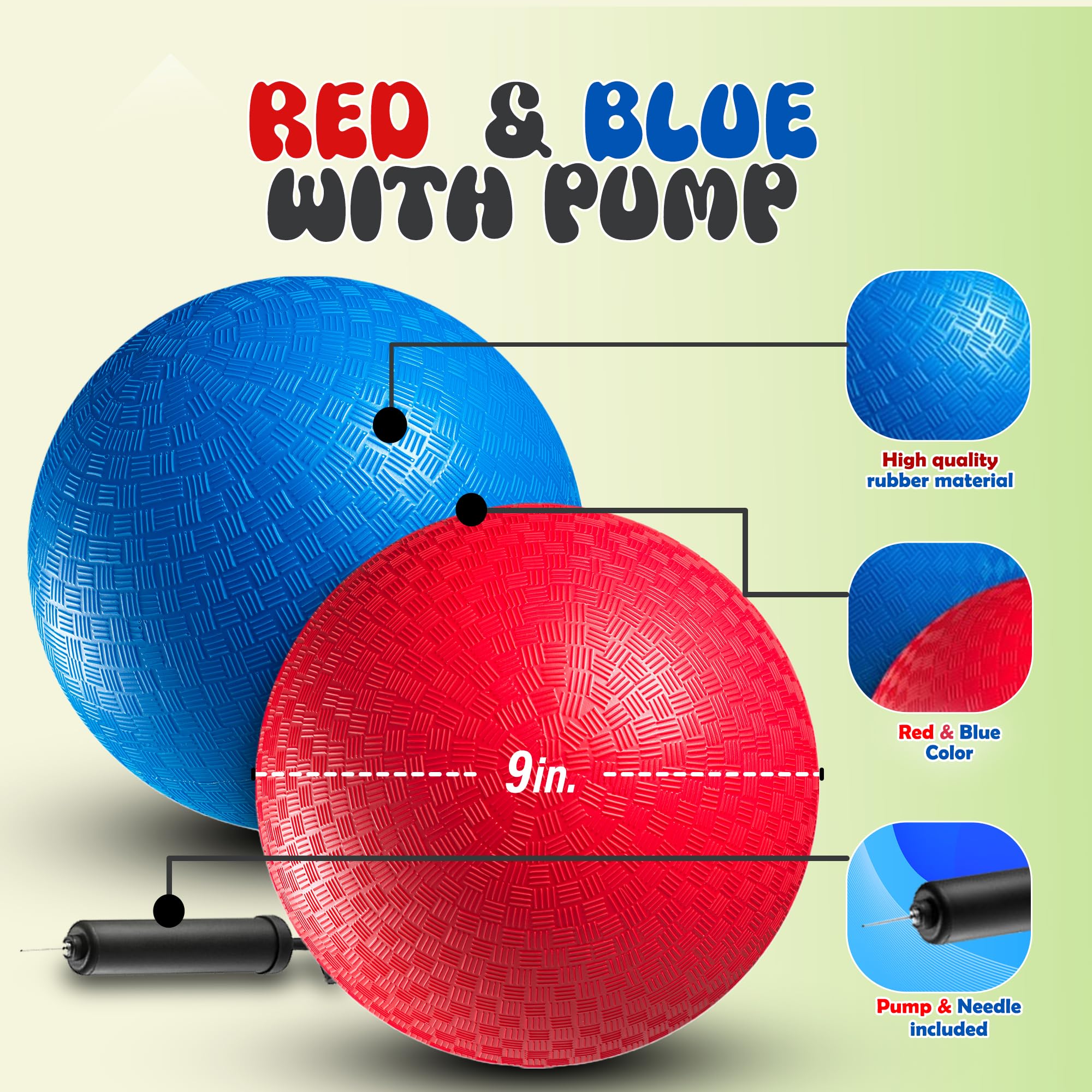 Red & Blue Kickball Set - (9 Inch) with Pump for Toddlers Kids & Adults - Indoor & Outdoor Gym Sports Toys - Fun Playground Balls for Kids Dodgeball, Four Square, PE, Games, Recess and More