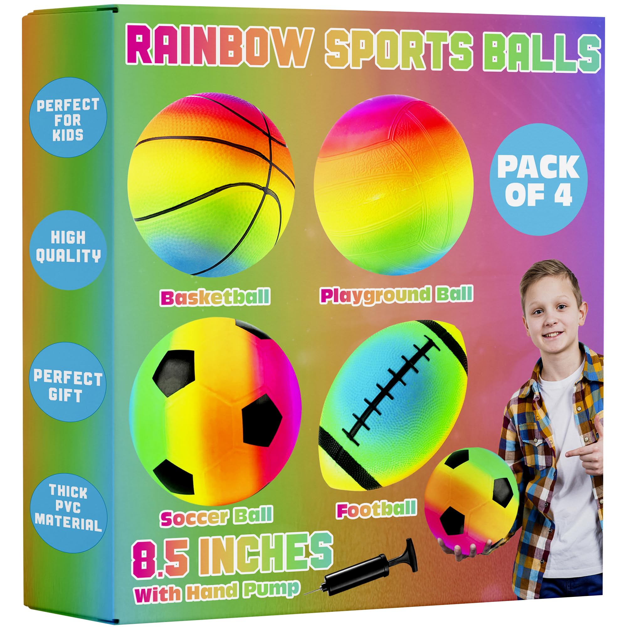 Rainbow Sports Balls for Kids & Toddlers - (Pack of 4) 8.5-Inch Neon Sport Ball Set Includes Football, Soccer, Basketball, & Playground Balls, Inflatable Indoor & Outdoor Fun Toys - Hand Pump Included