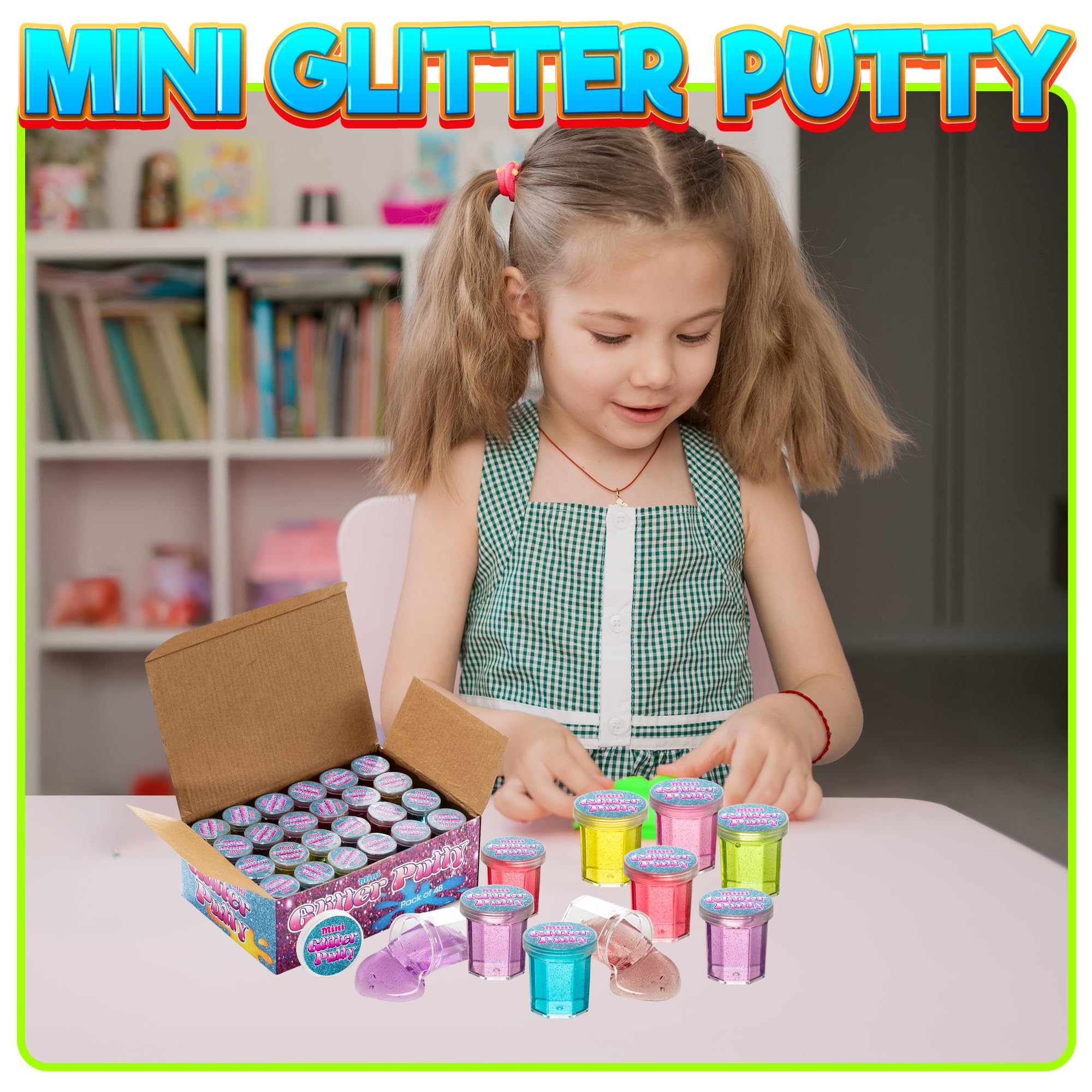 Mini Glitter Putty - (Bulk Pack of 48) Mini Slime for Kids Party Favors in Assorted Neon Rainbow Colors for Birthday Party Favor, Fidget Toys, and Prizes