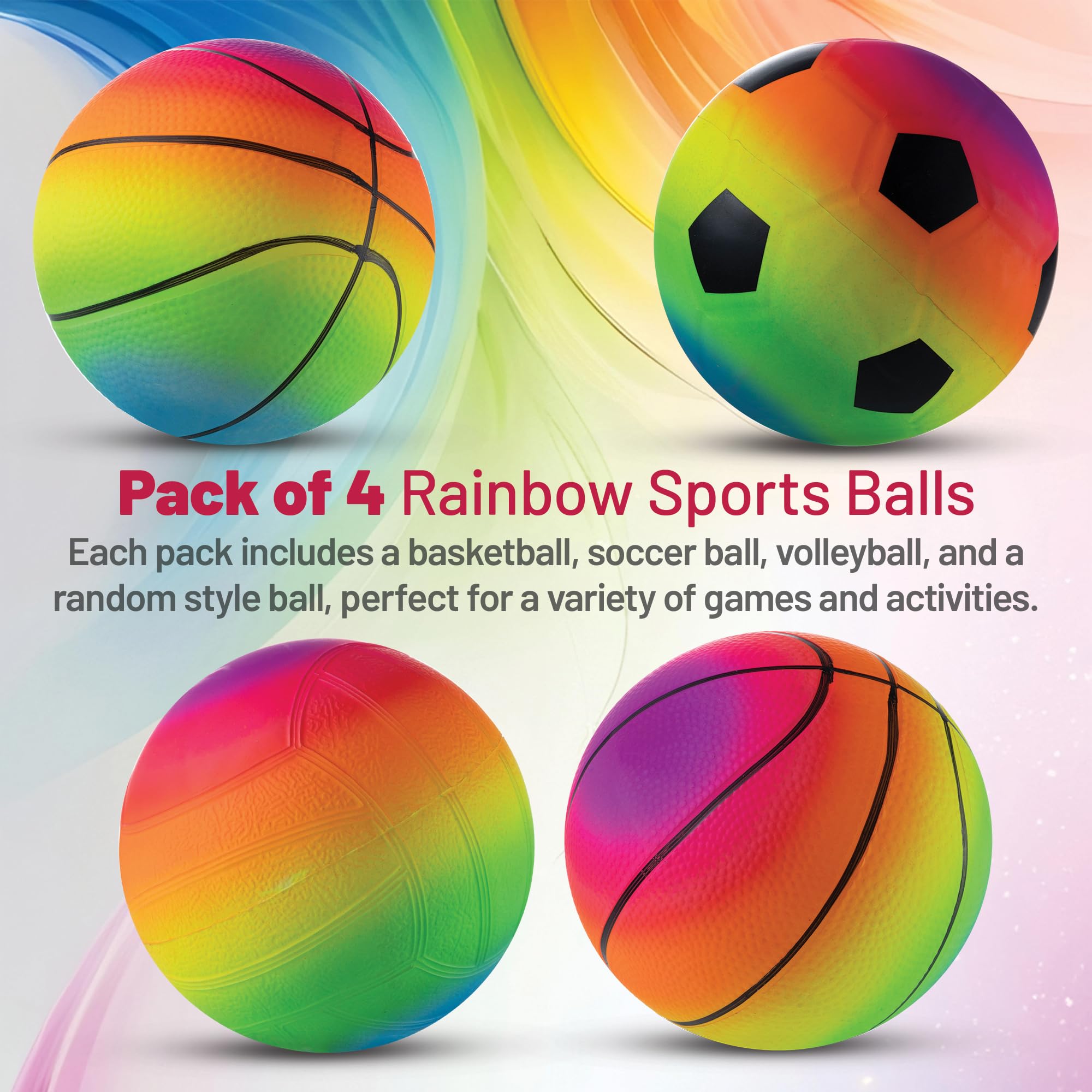 Bedwina Mini Rainbow Sports Balls - 5 Inch (Pack of 4) Inflatable Vinyl Balls for Kids and Toddlers with Hand Air Pump, Basketball, Volleyball, Soccer for Playground, Indoor and Outdoor