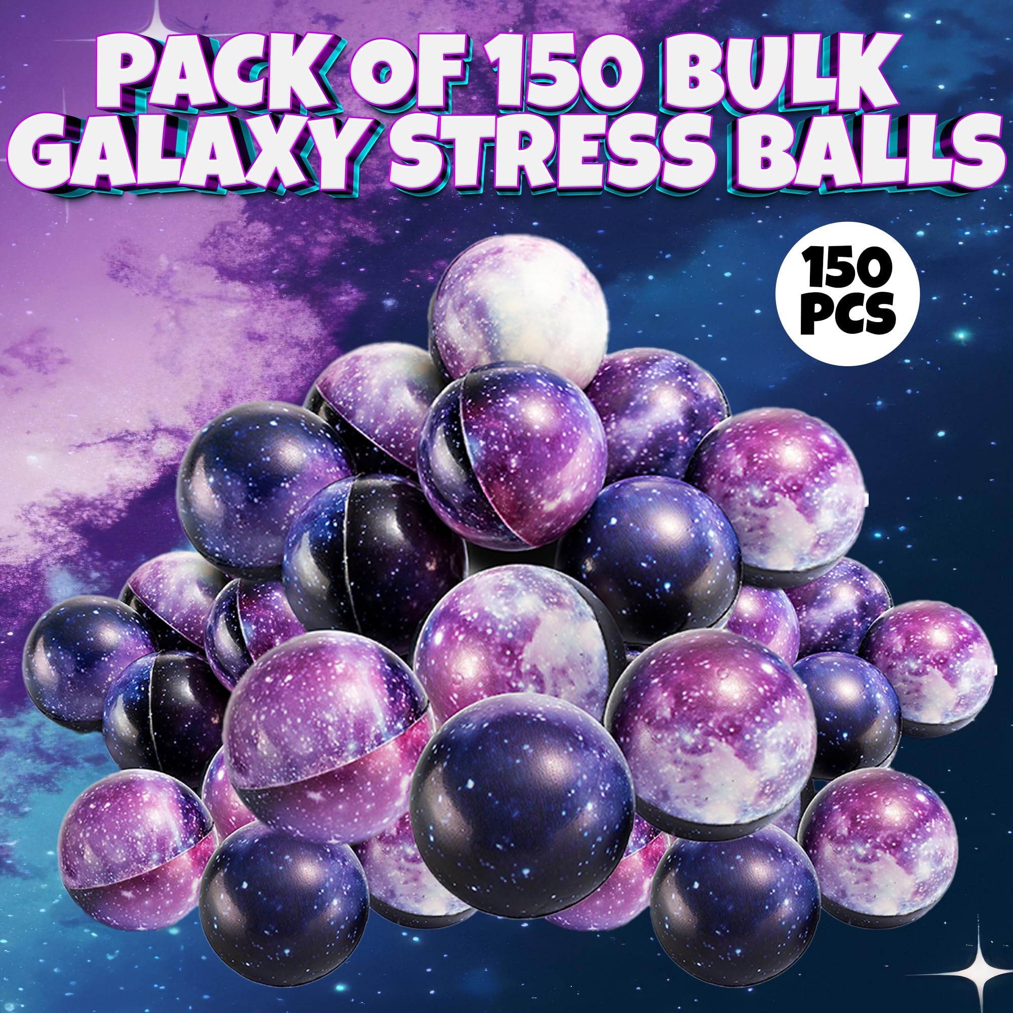 Bulk 150 Galaxy Stress Balls for Kids - Squeeze Anxiety Fidget Sensory Balls for Children with Outer Space Theme, Toys for Party Favors and Birthday Party Supplies