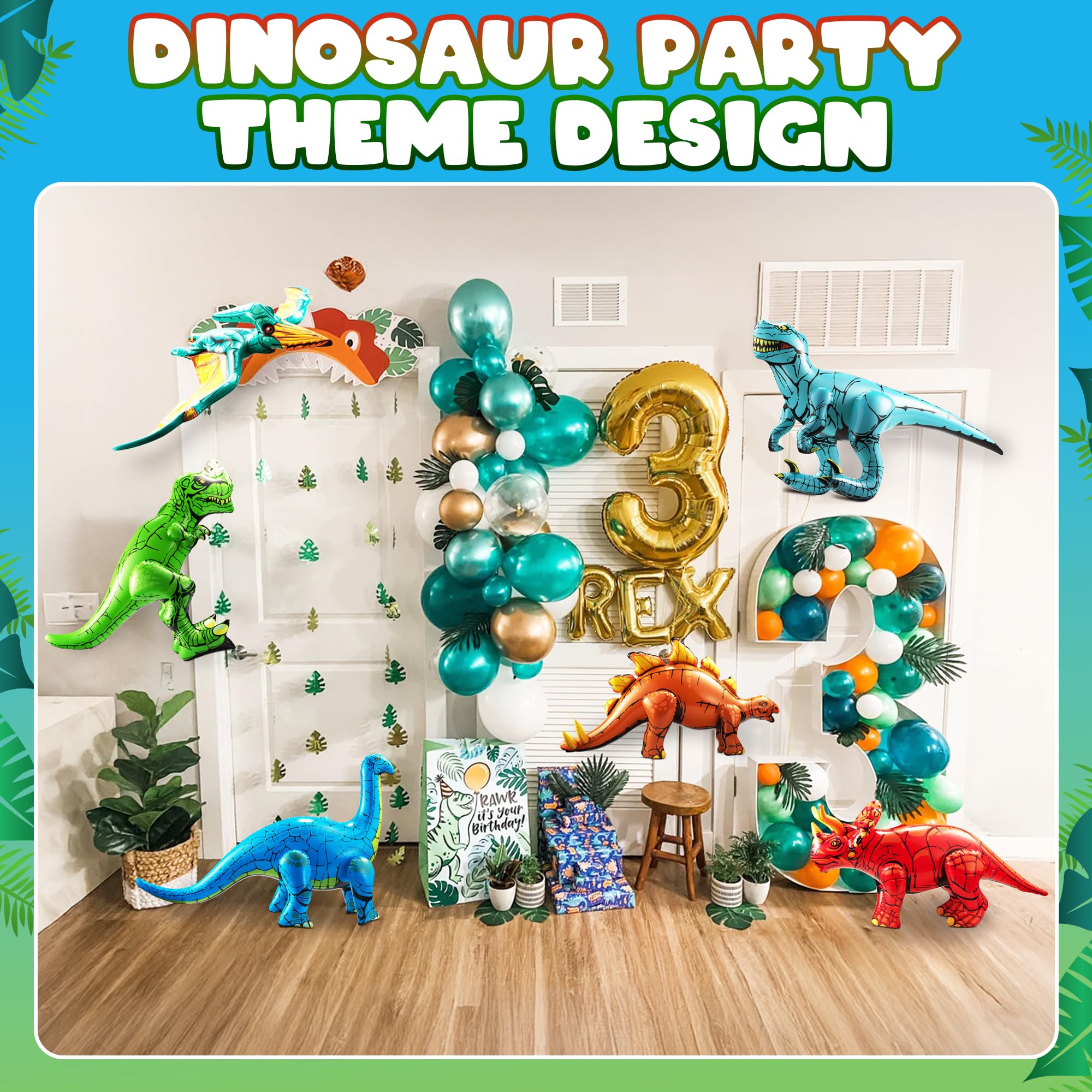 6-Pcs Inflatable Dinosaur Birthday Party Decorations - Large Blow-Up Dino Toys for Kids (20-26”) Dinos for Boys or Girls - Self-Standing Vinyl Balloons for Jurassic Theme Party & Pool Floats